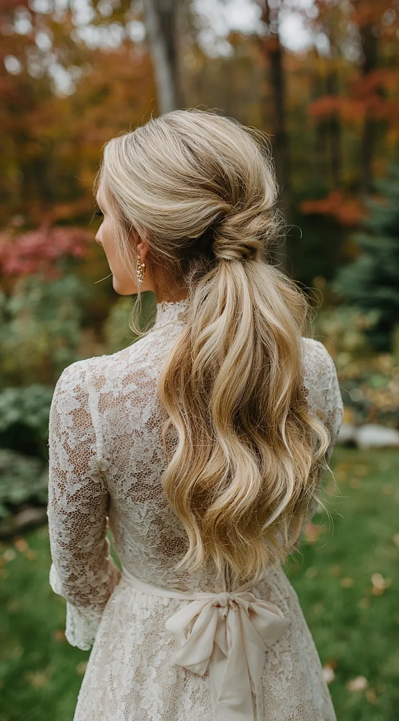 Back view of an elegant bride with blonde braided half-up hairstyle and loose curls in a vintage lace wedding dress.