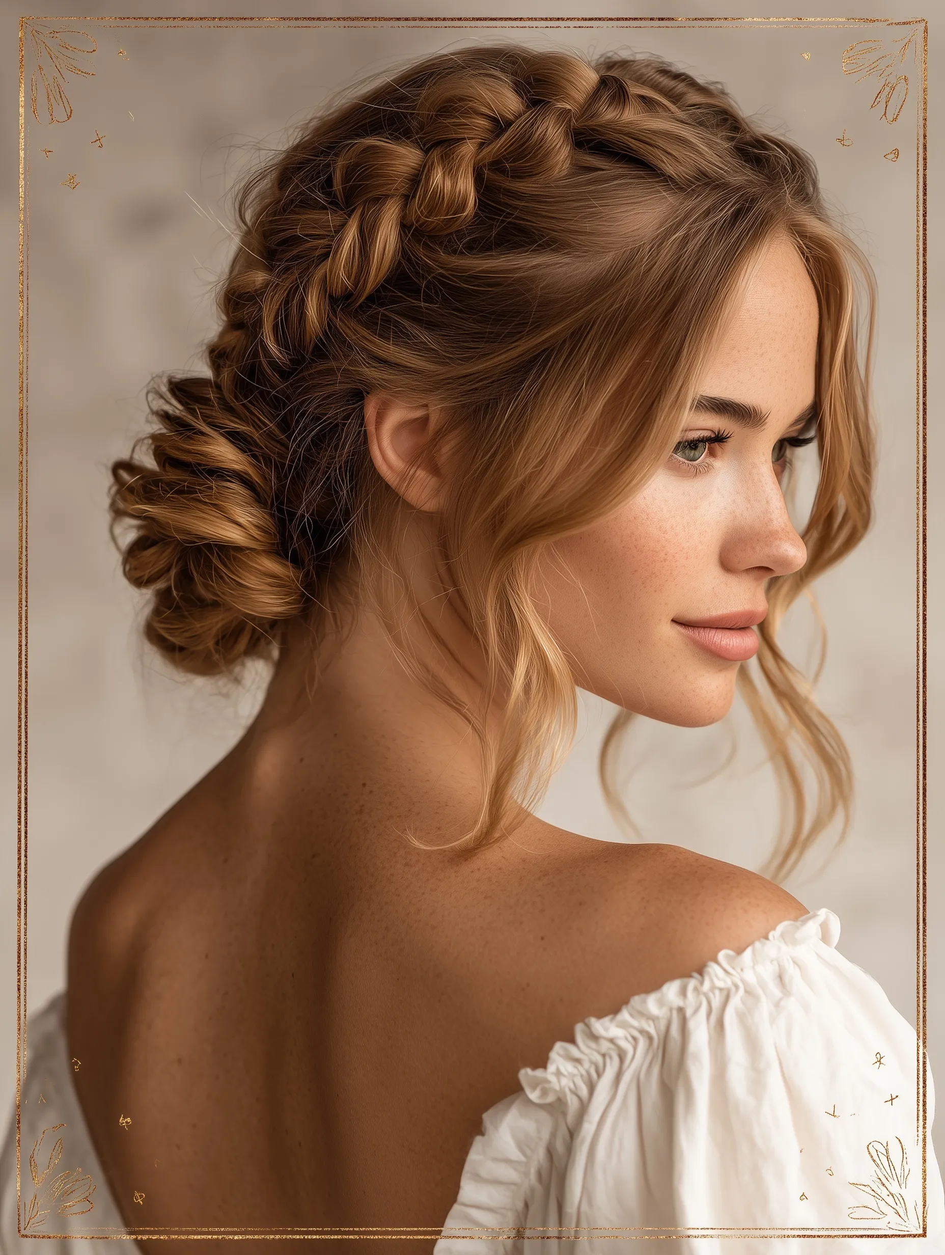 Professional hairstylist certificate design featuring a woman with elegant Dutch braids and soft curls.