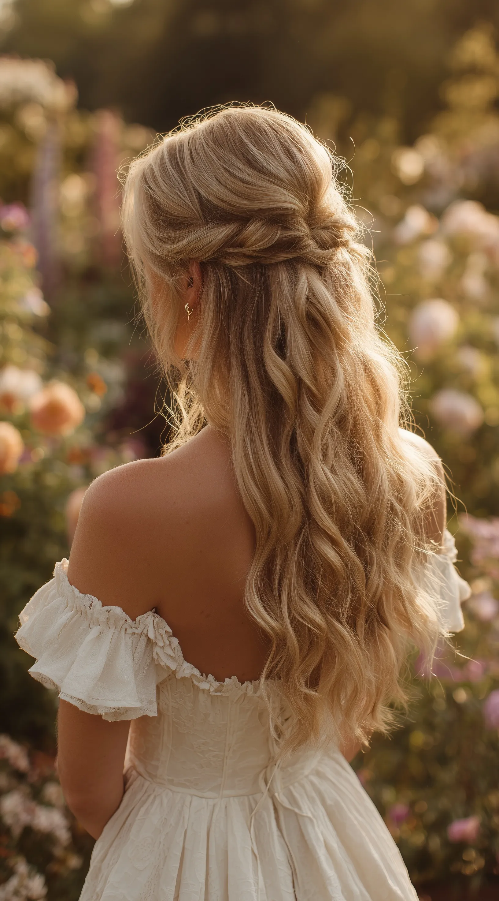 Blonde bride with braided half-up half-down curly hairstyle and vintage dress in a flower garden at sunset.