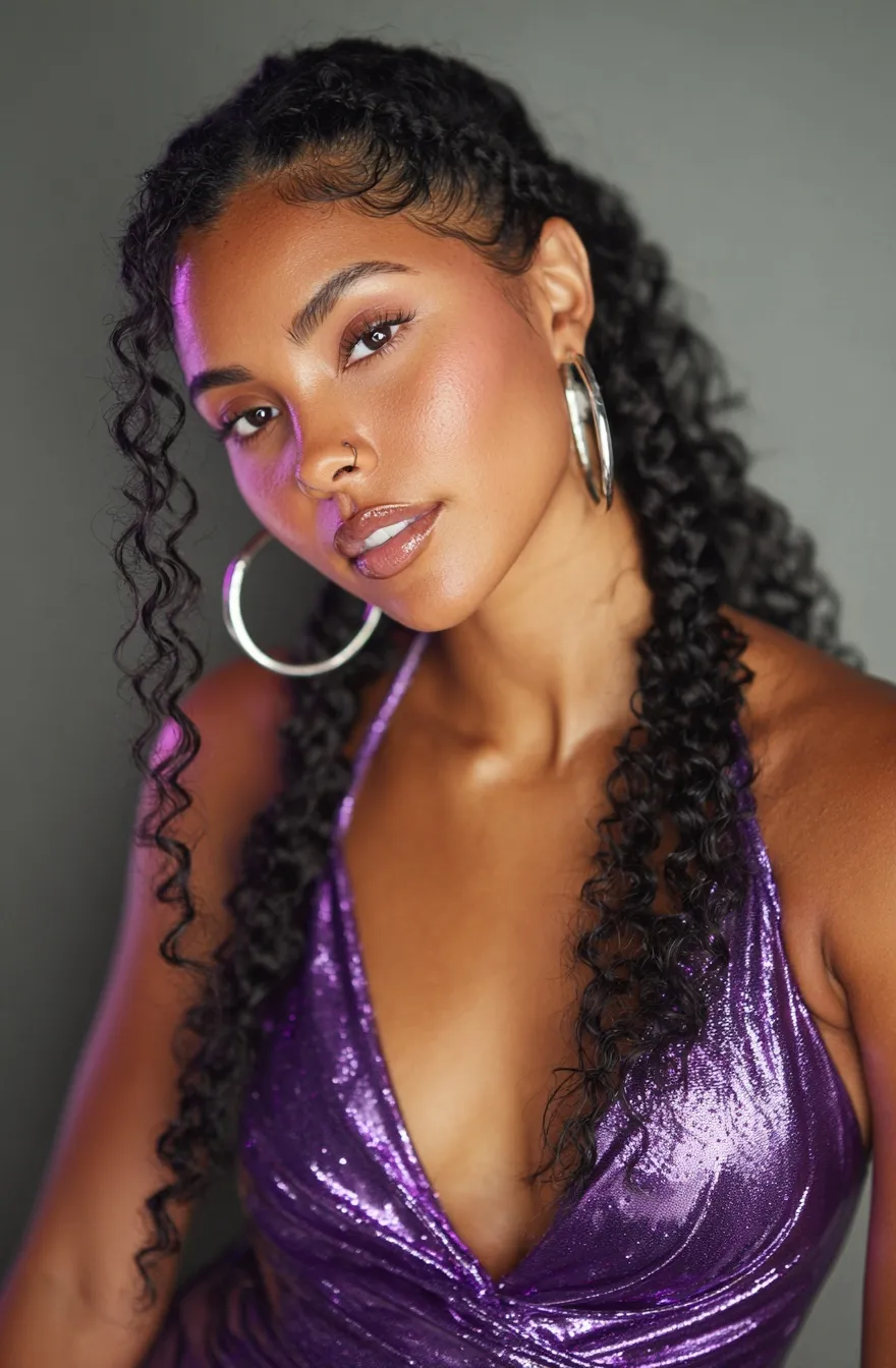African American woman with braided curly hairstyle, purple dress, and glamorous makeup posing for the camera.