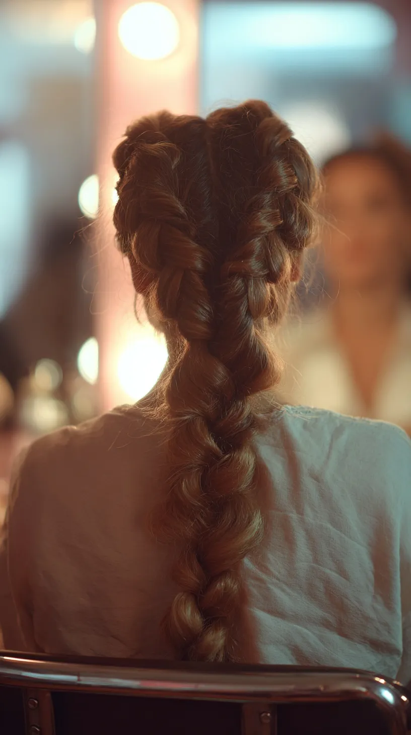 Back view of a Latina woman with intricate braided hairstyle and soft curls in a sunlit salon, cinematic style.
