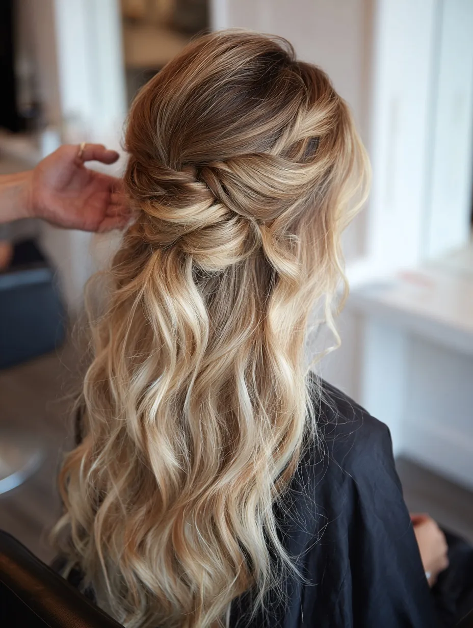 Hair stylist creating an elegant blonde balayage half-up braided knot hairstyle on a client in a salon.