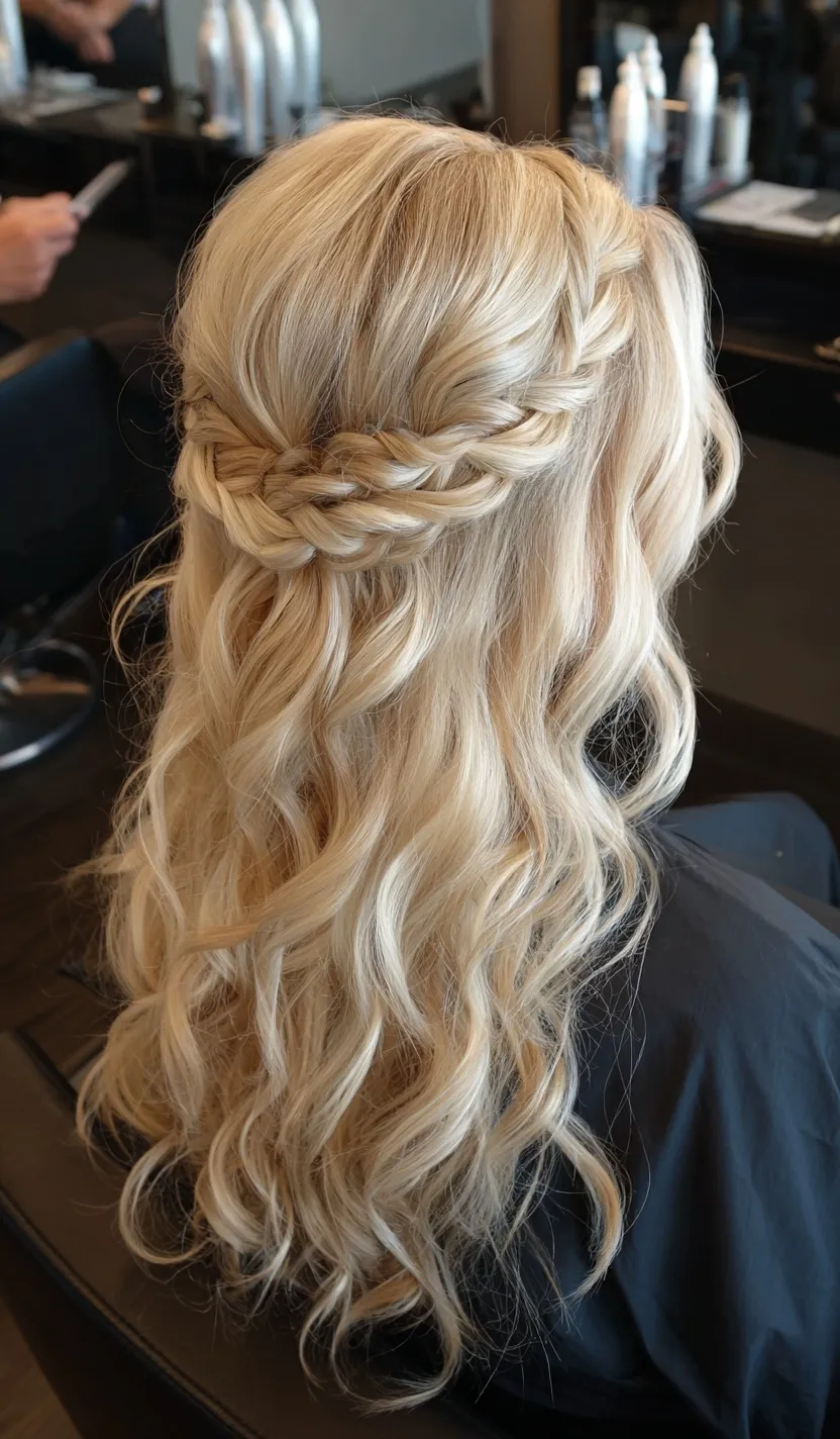 A professional stylist creating a blond half-up braided hairstyle with soft curls for a formal event in a salon.
