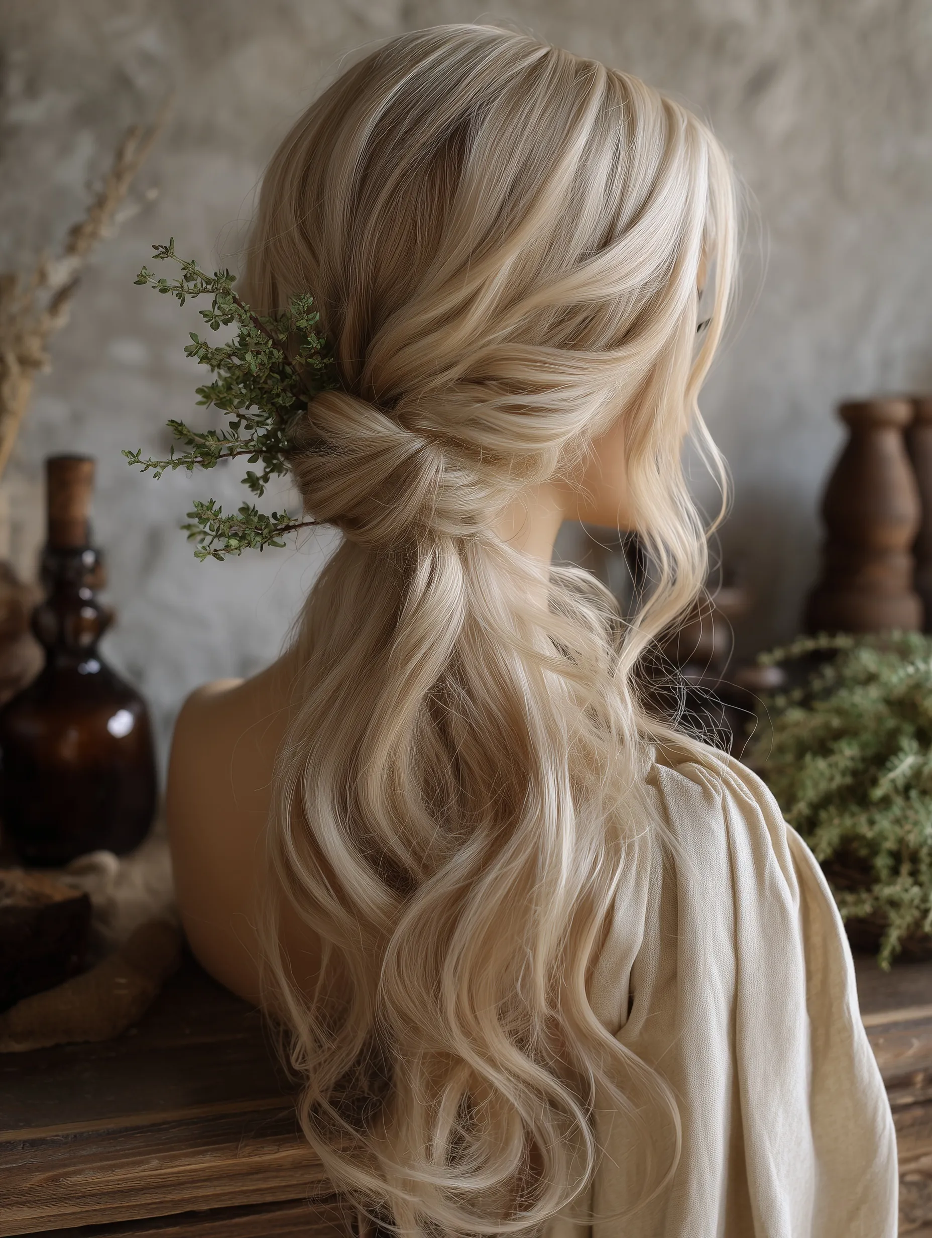 Blonde braided wig with soft curls on a mannequin head styled in a messy low ponytail in a cozy medieval bedroom.
