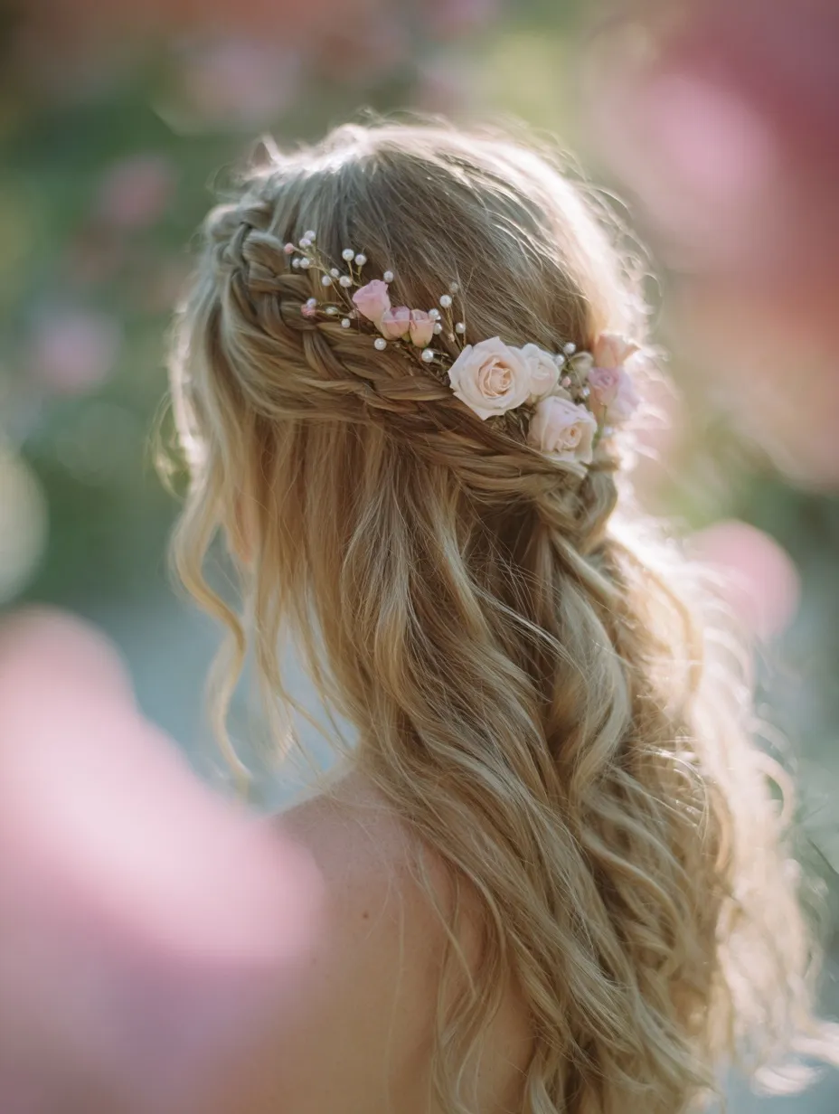 A romantic half-up braided hairstyle with soft curls, decorated with delicate blush roses and pearls.
