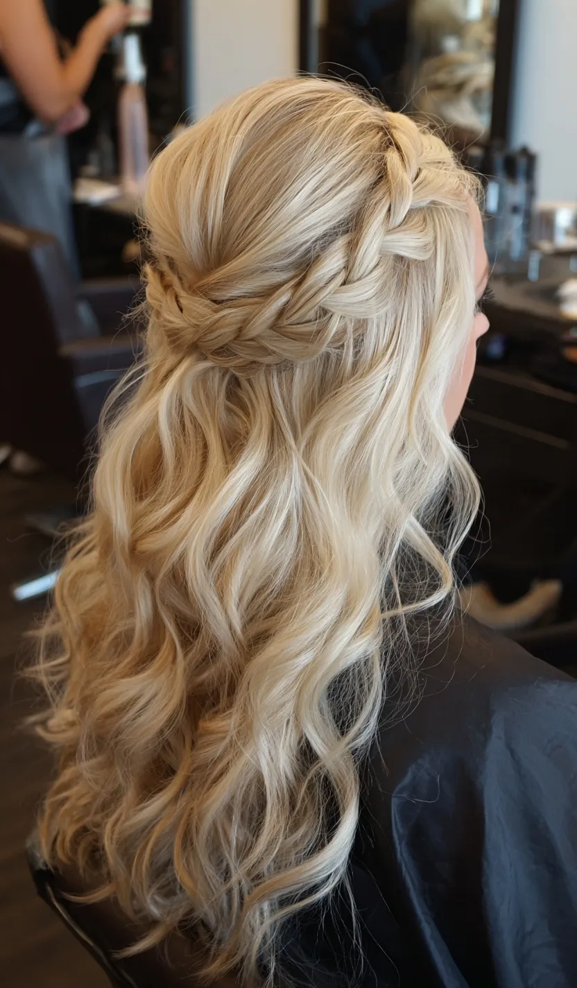 Professional hair stylist creating a blond half-up braided hairstyle with soft curls for a special event in a salon.