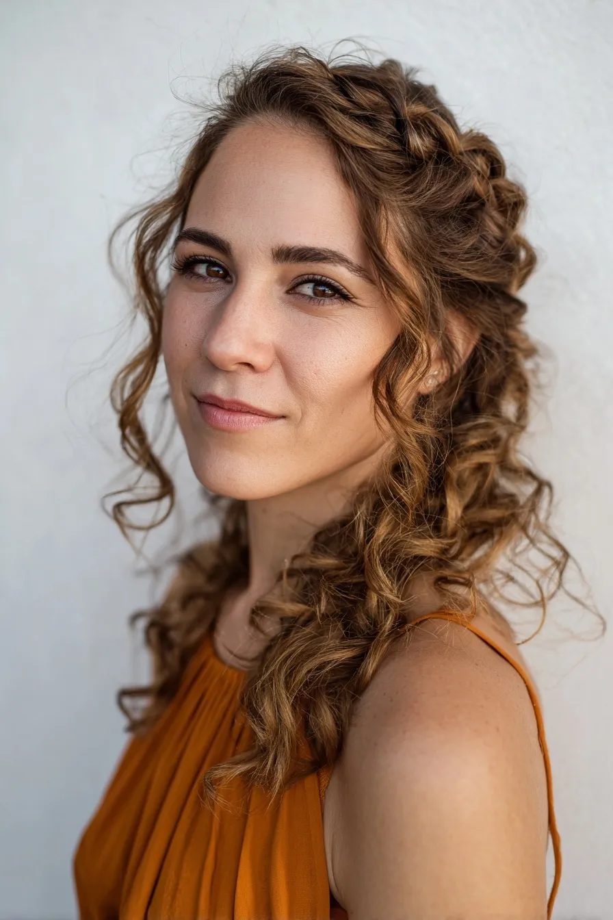 Elegant American woman with warm honey half-up half-down braided curly hair against a seamless white background.