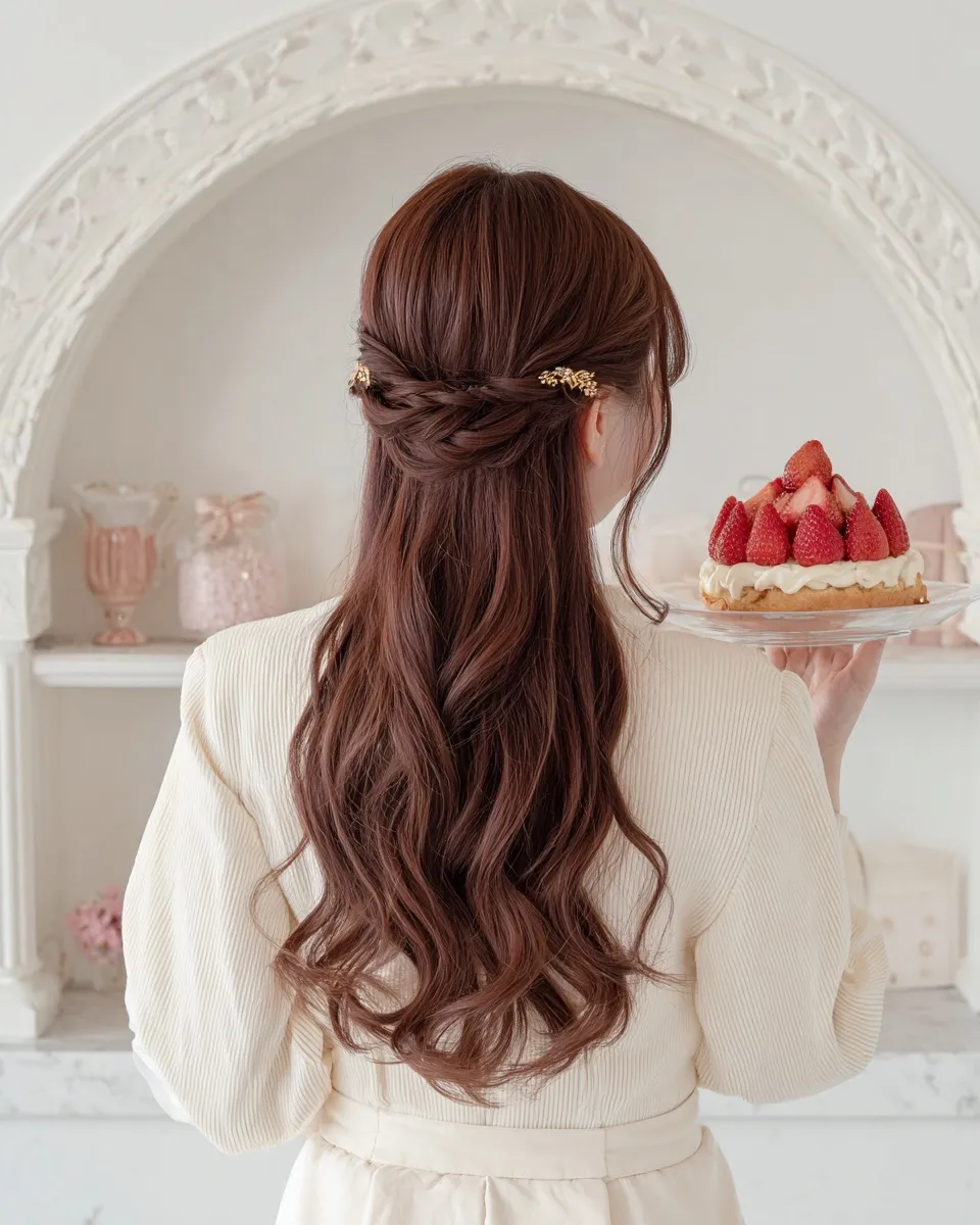 A young woman with beige-brown braided half-up hair holding a strawberry tart in a bright, elegant interior.