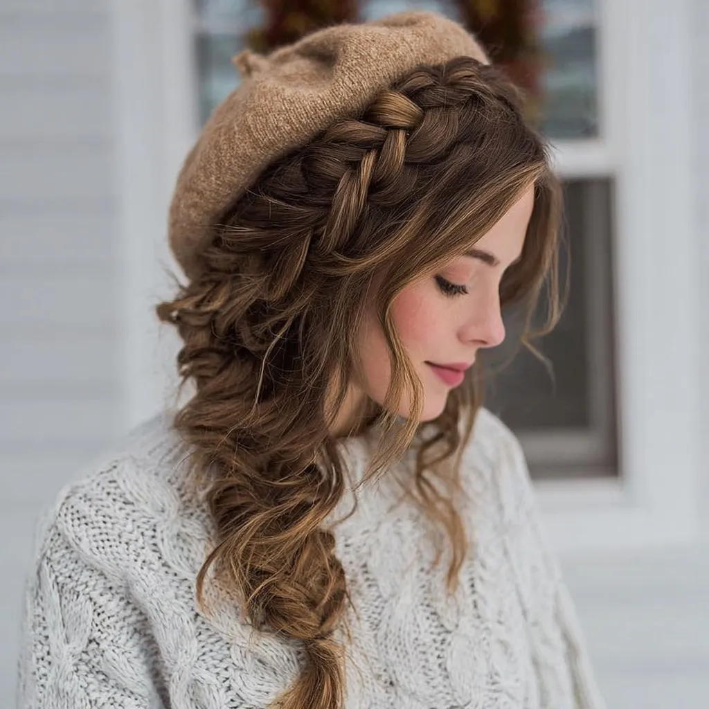 A romantic side braid with soft curls and a wool hat, perfect for a cozy winter holiday look.