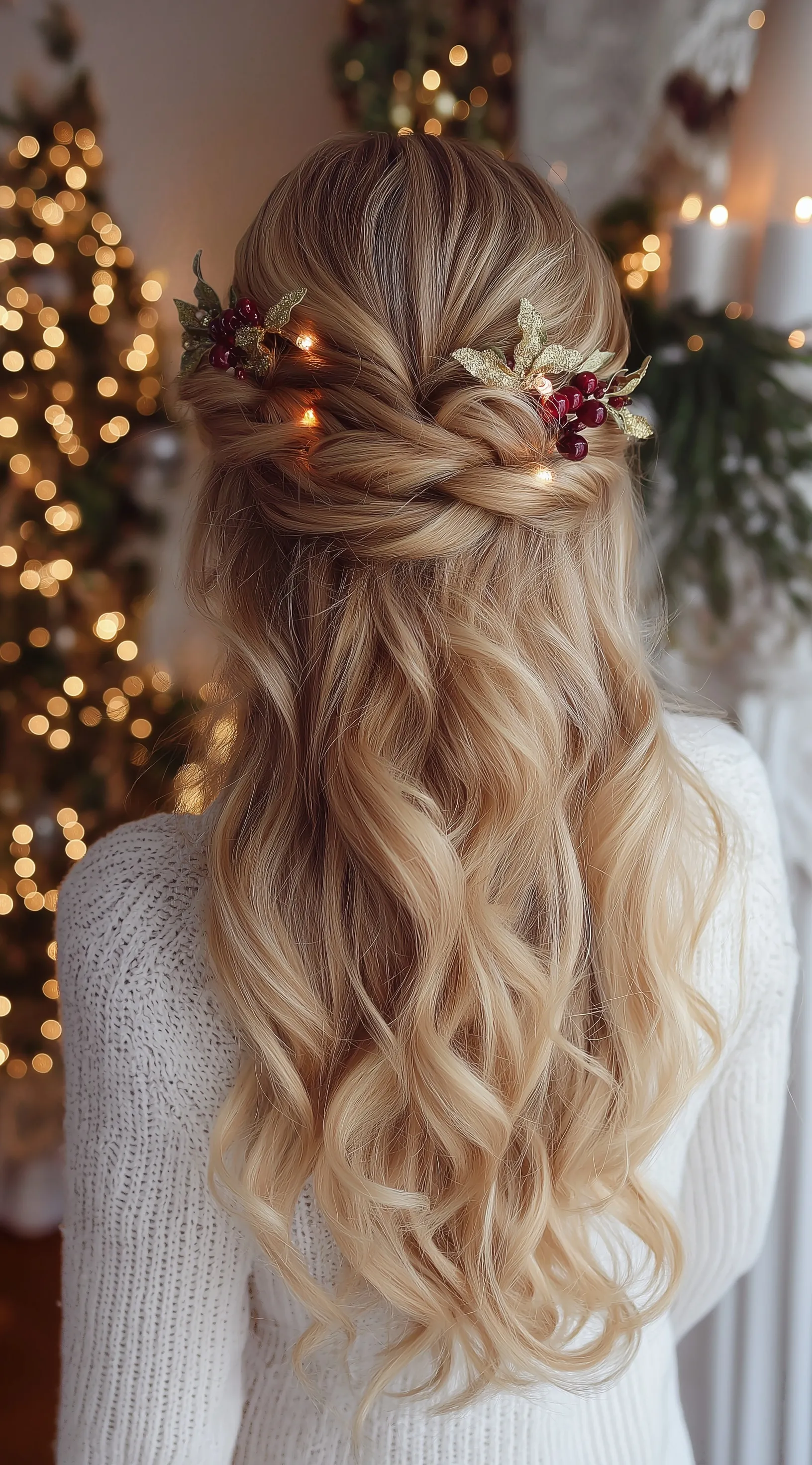 A festive half-up braided hairstyle with soft curls, decorated with holly leaves and fairy lights.