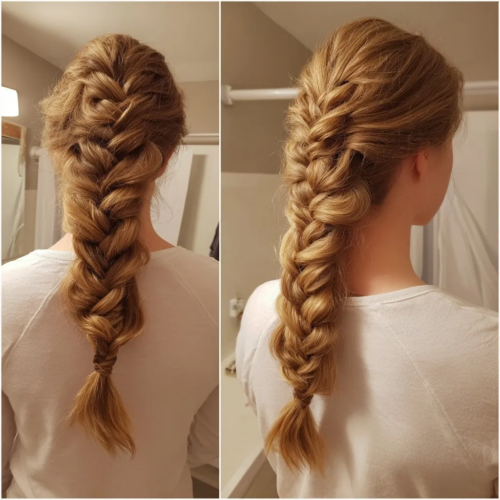 A long fishtail braid hairstyle with soft, textured curls and an undone finish captured in soft natural lighting.