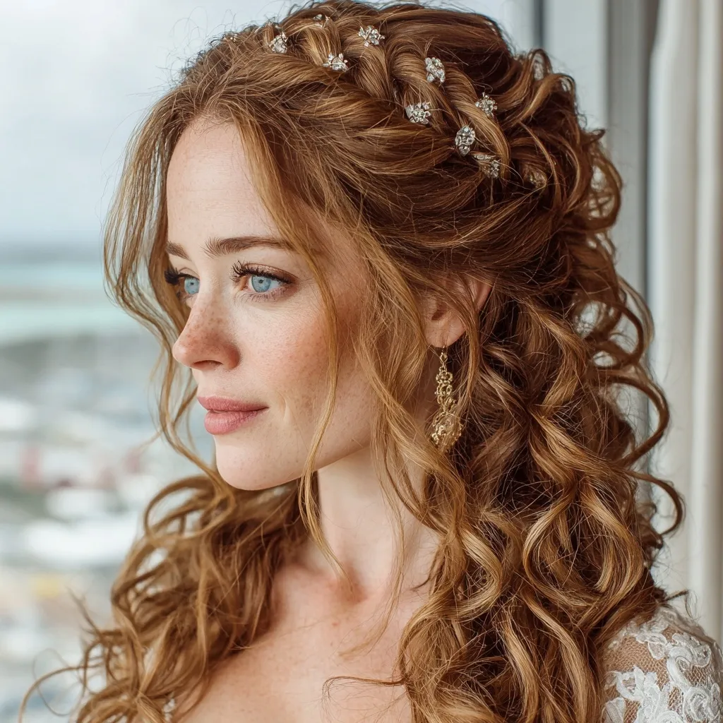 Long wavy wedding hairstyle with braided details and sparkling gems resembling starlight for a romantic bridal look.