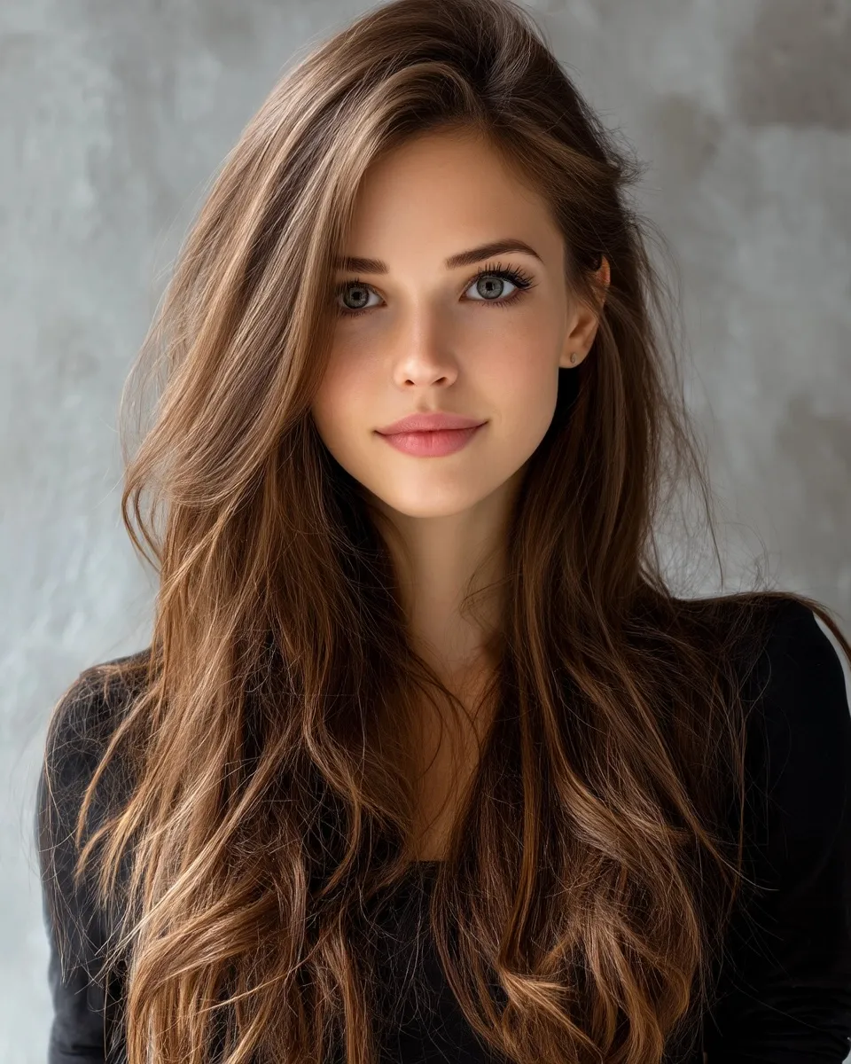 A beautiful German-European woman with long, layered brown hair in a stylish side part and large brown eyes.