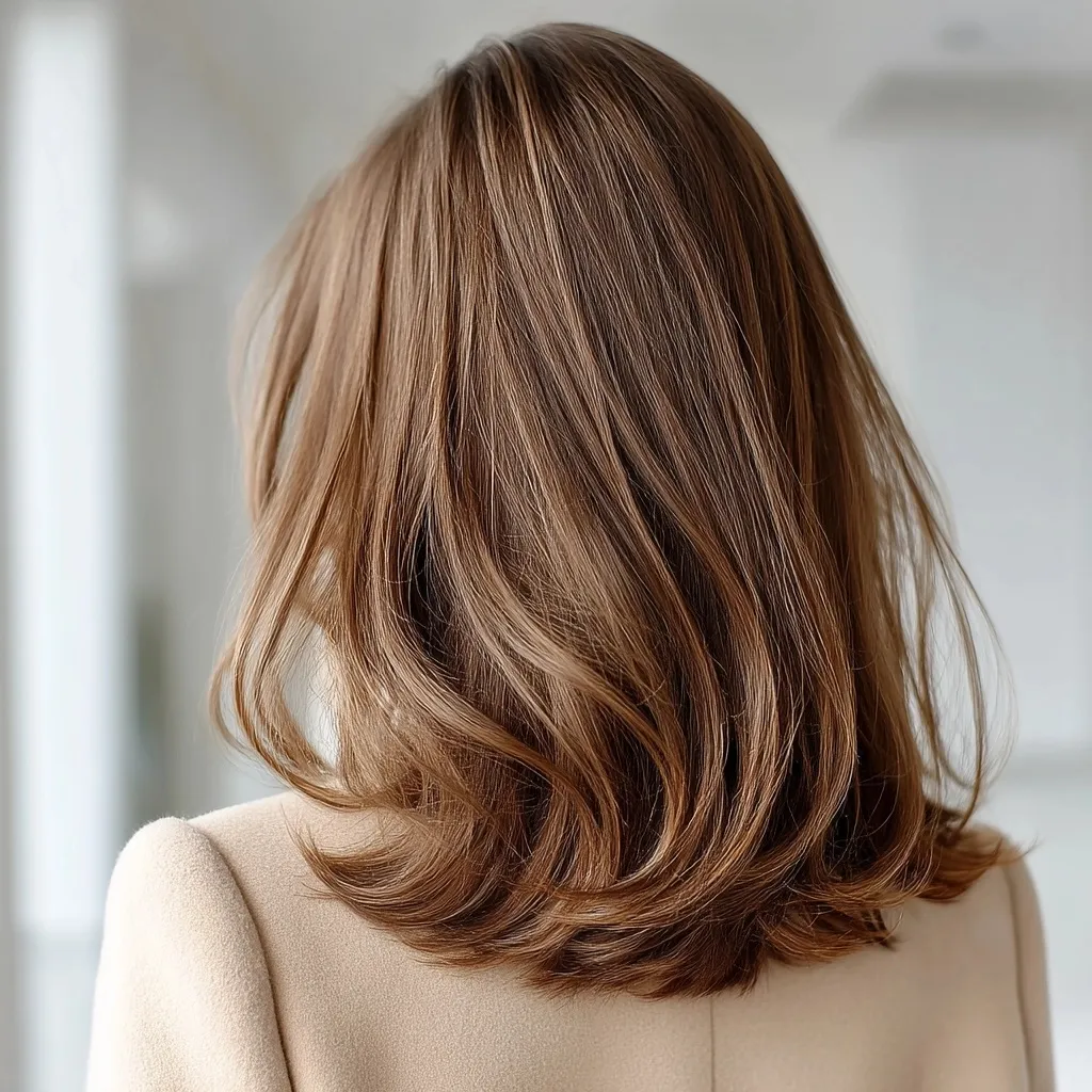 A Japanese woman with a shoulder-length brown layered hairstyle viewed from behind against a white studio background.