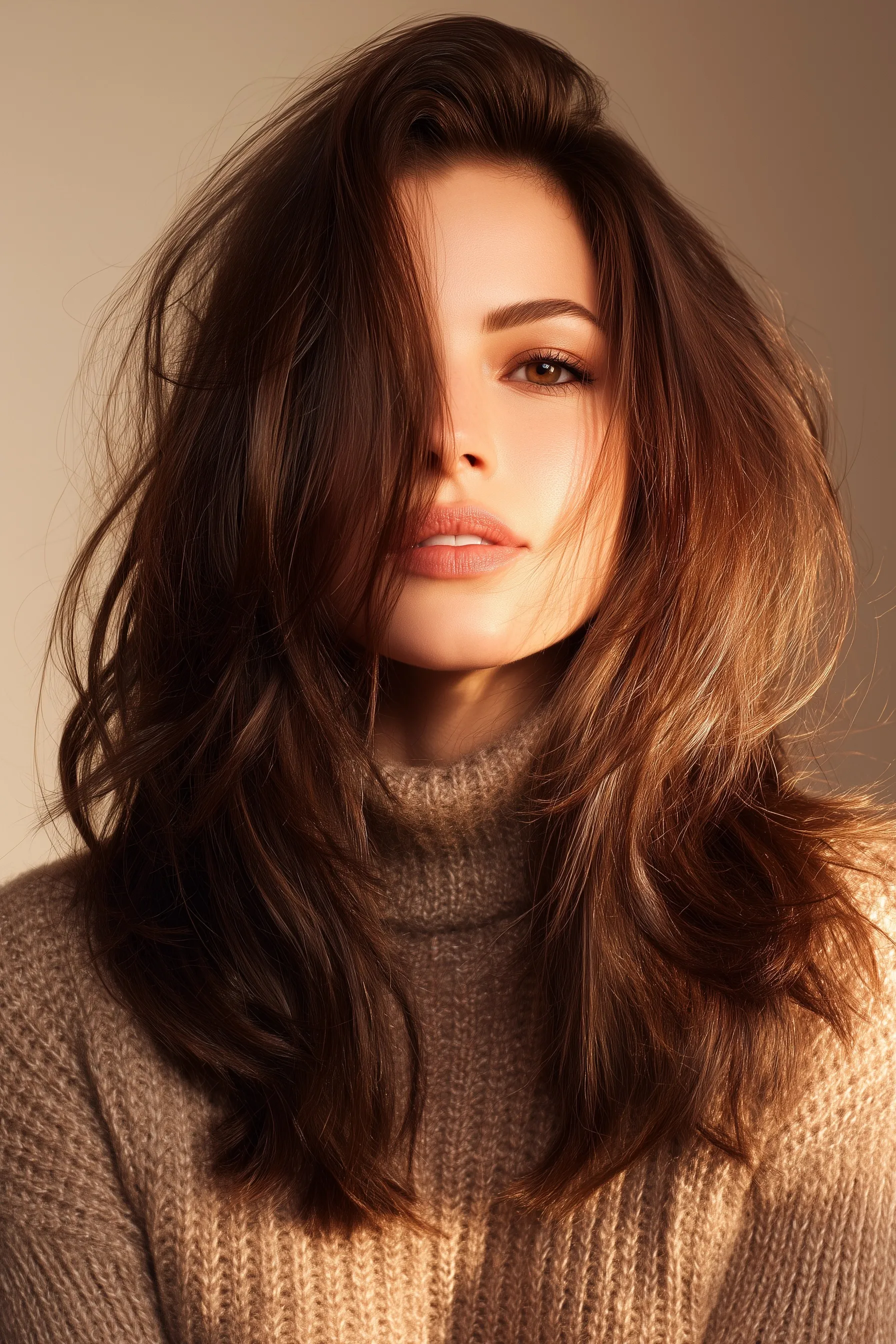 A stylish woman with voluminous, thick brown layered hair posing confidently in soft, glowing natural light.