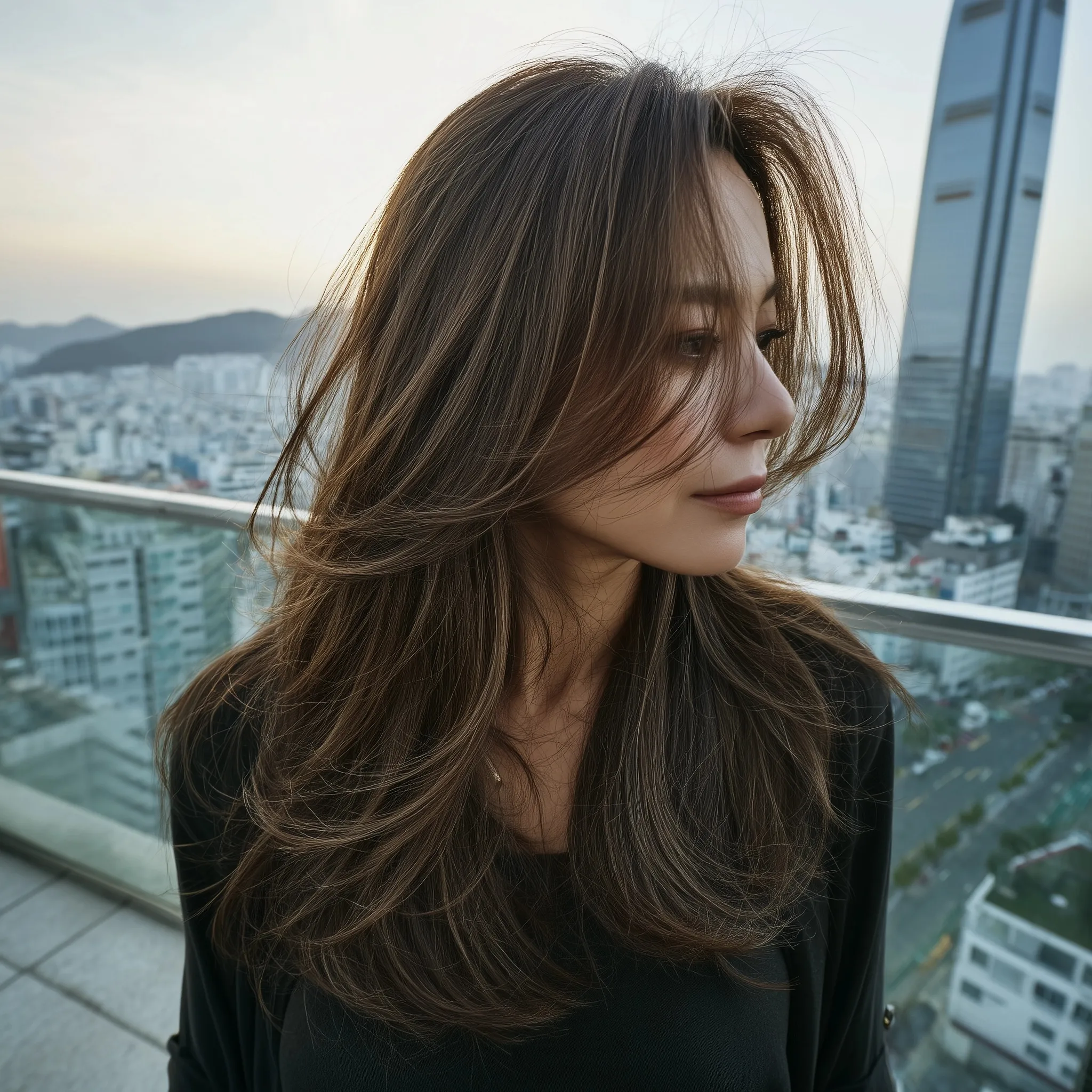 Korean woman with a stylish brown layered haircut and face-framing C-curl waves in a modern city setting.