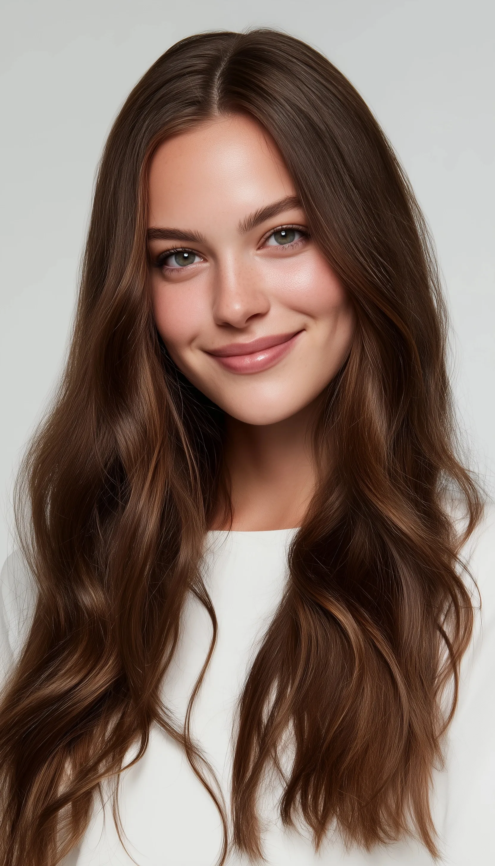 Studio portrait of a woman with a lustrous brown layered hairstyle, soft waves, and natural volume.
