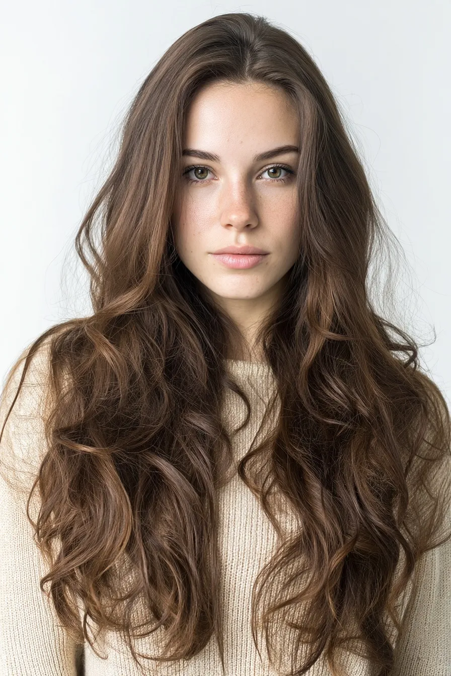 A 20-year-old woman with shiny long brown layered hair and Hollywood waves wearing a beige sweater.