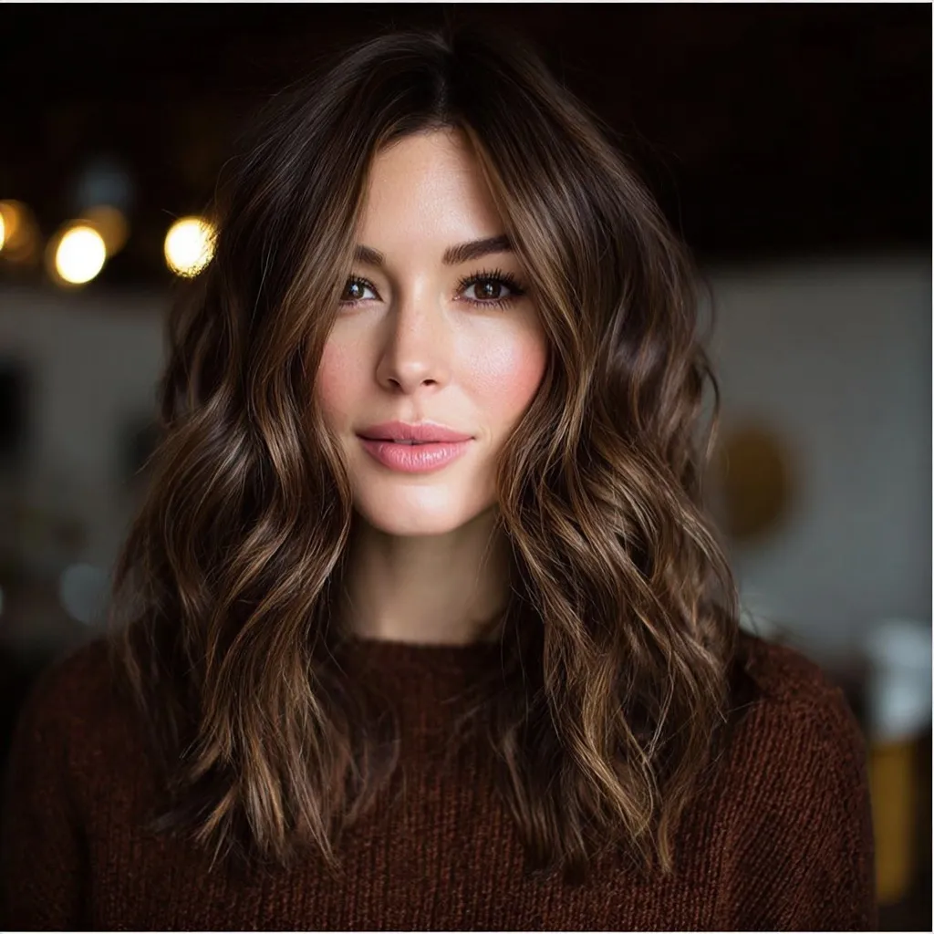 Medium length espresso brown wavy hair with layers, styled for a natural and voluminous look.