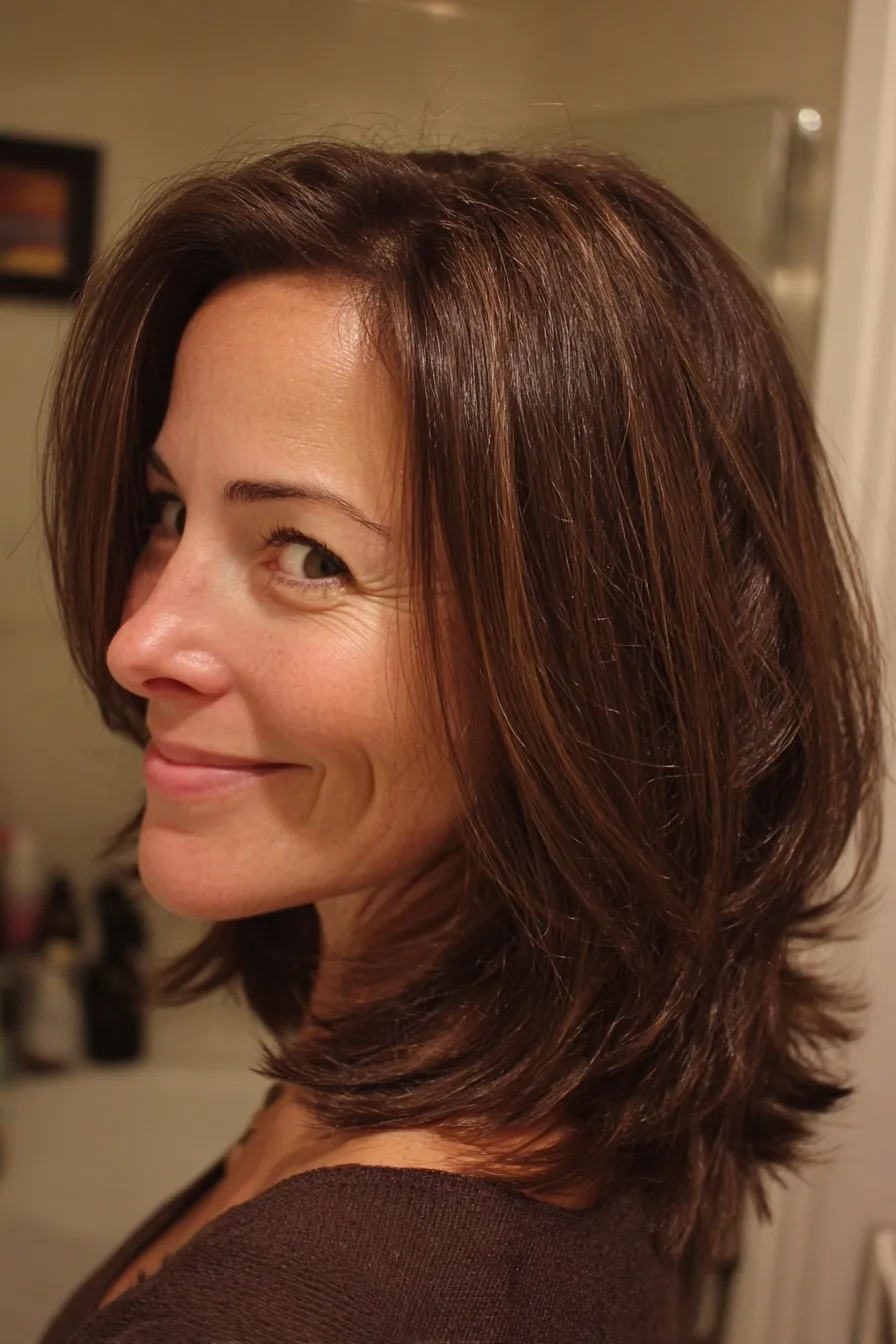 A happy woman in her 50s with a shoulder-length layered brown haircut, captured in a side-view bathroom selfie.