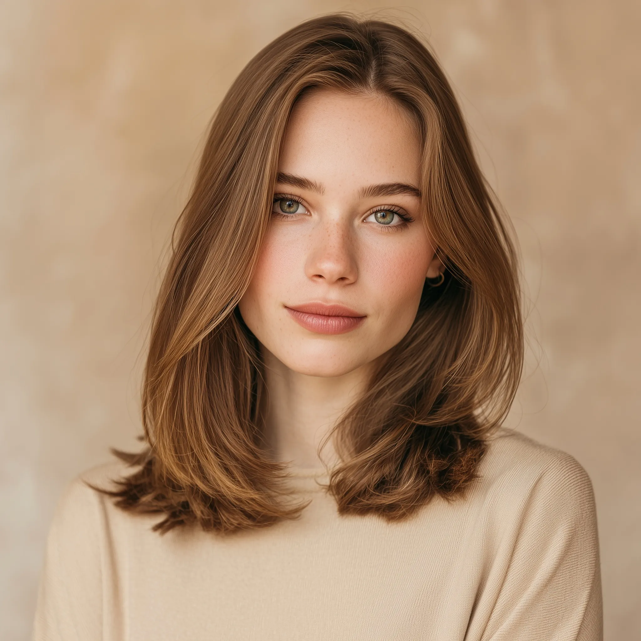 Elegant young woman with chestnut brown layered hair and honey highlights in a serene, professional portrait.