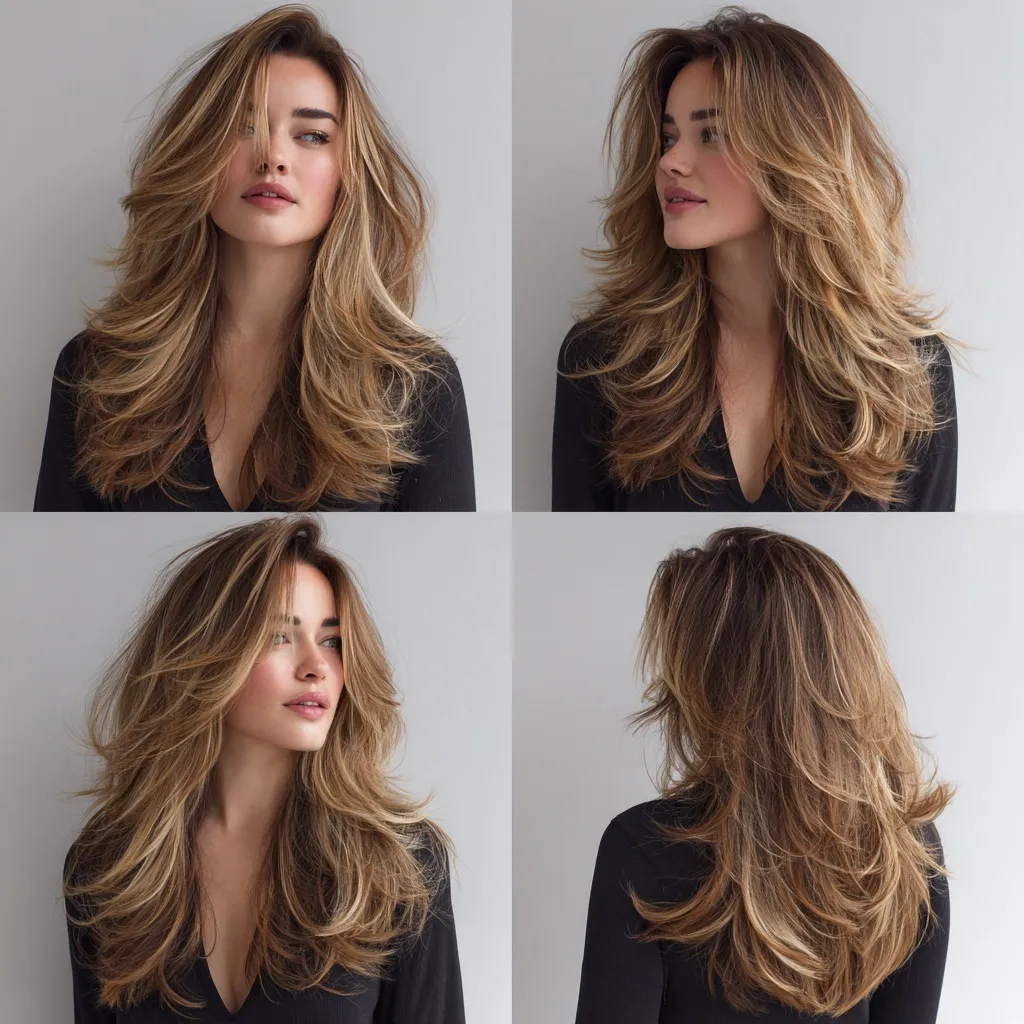 A beautiful long layered hairstyle with brown and blonde highlights, styled in soft waves from multiple angles.