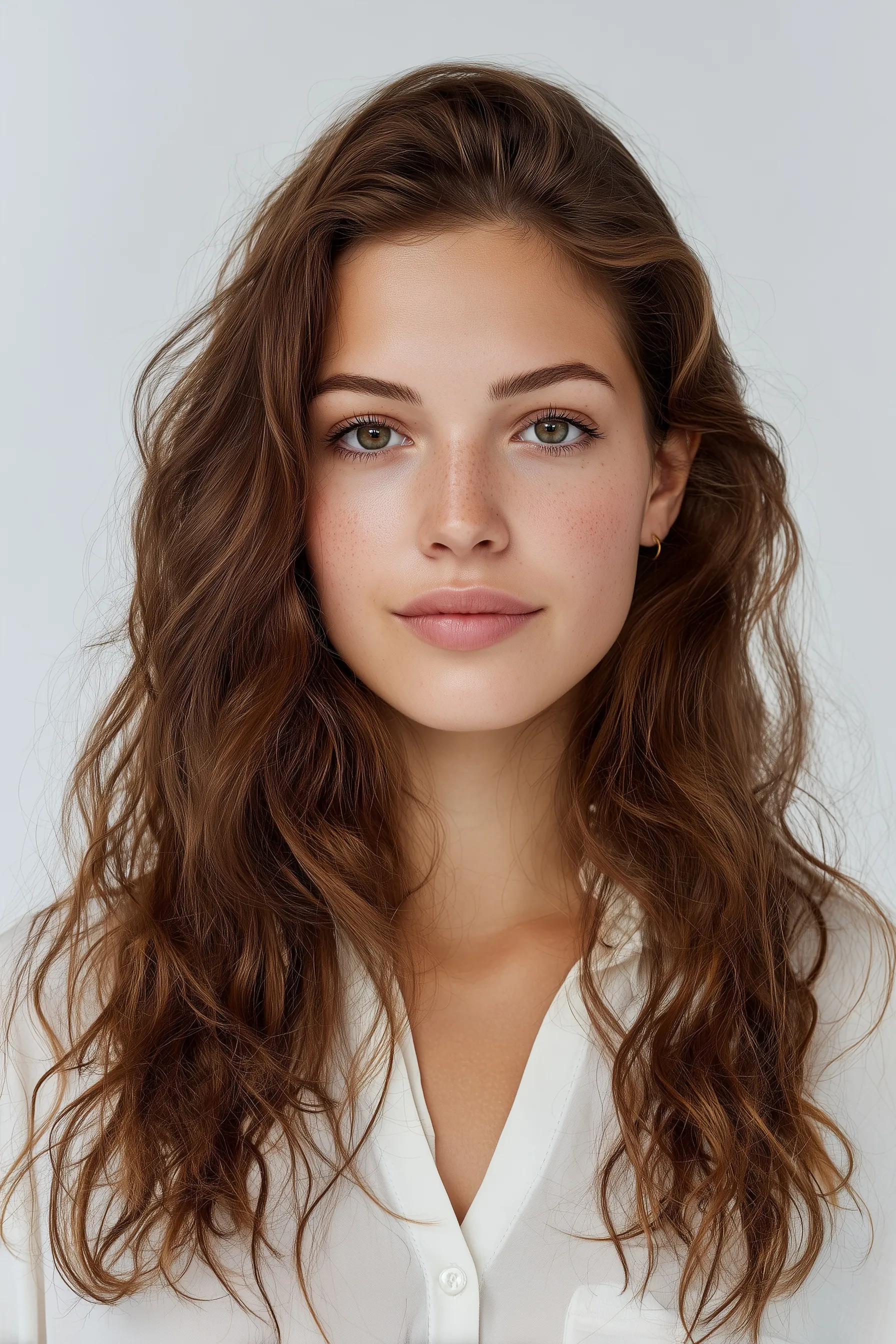 Portrait of a beautiful 25-year-old woman with long chestnut wavy hair and hazel eyes against a white background.