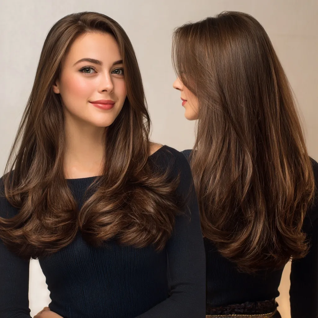 Portrait of a woman with a beautiful soft curve cut and stylish brown layered hairstyle.