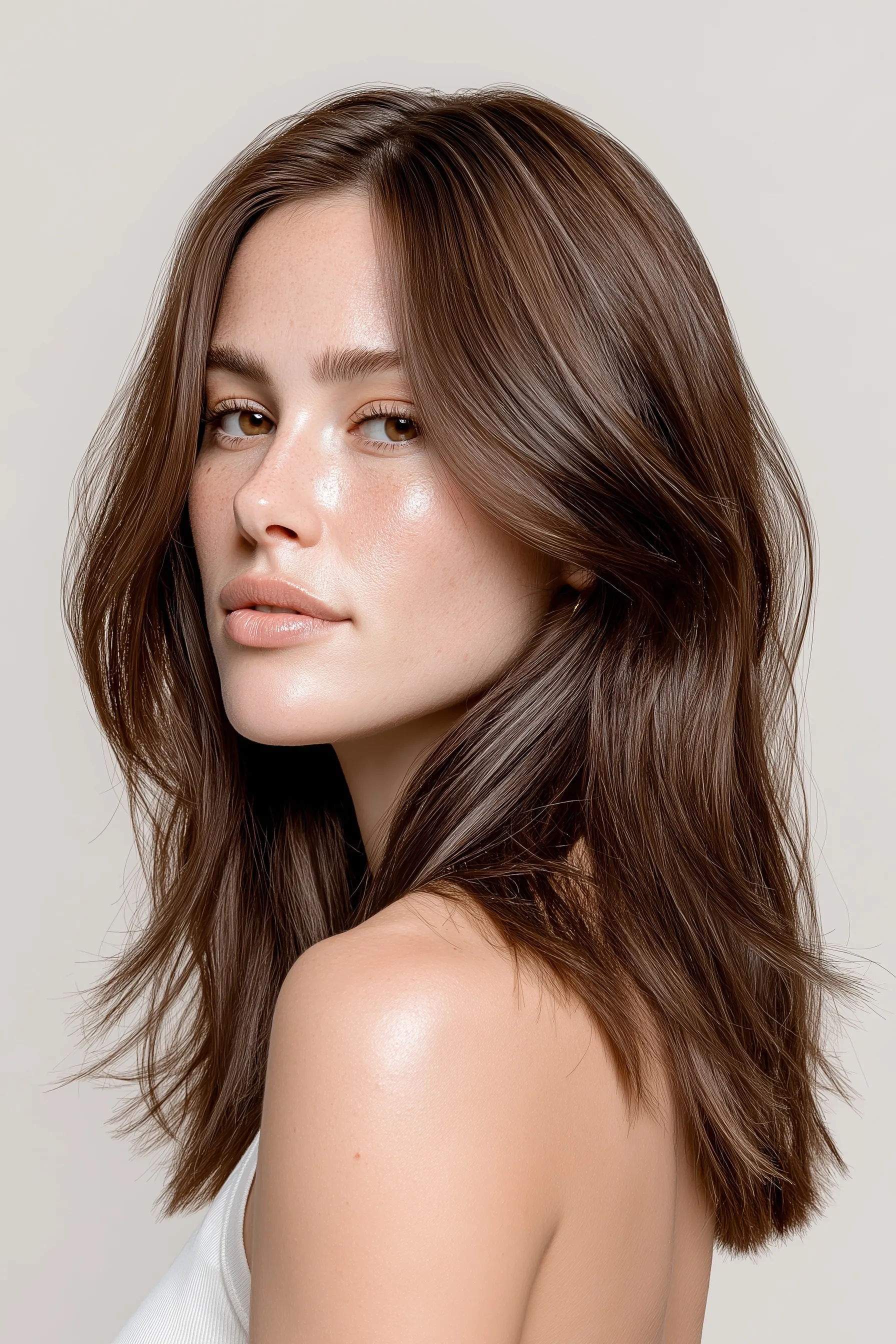 A woman with glossy, layered brown hair seen from behind against a minimalist beige studio background.