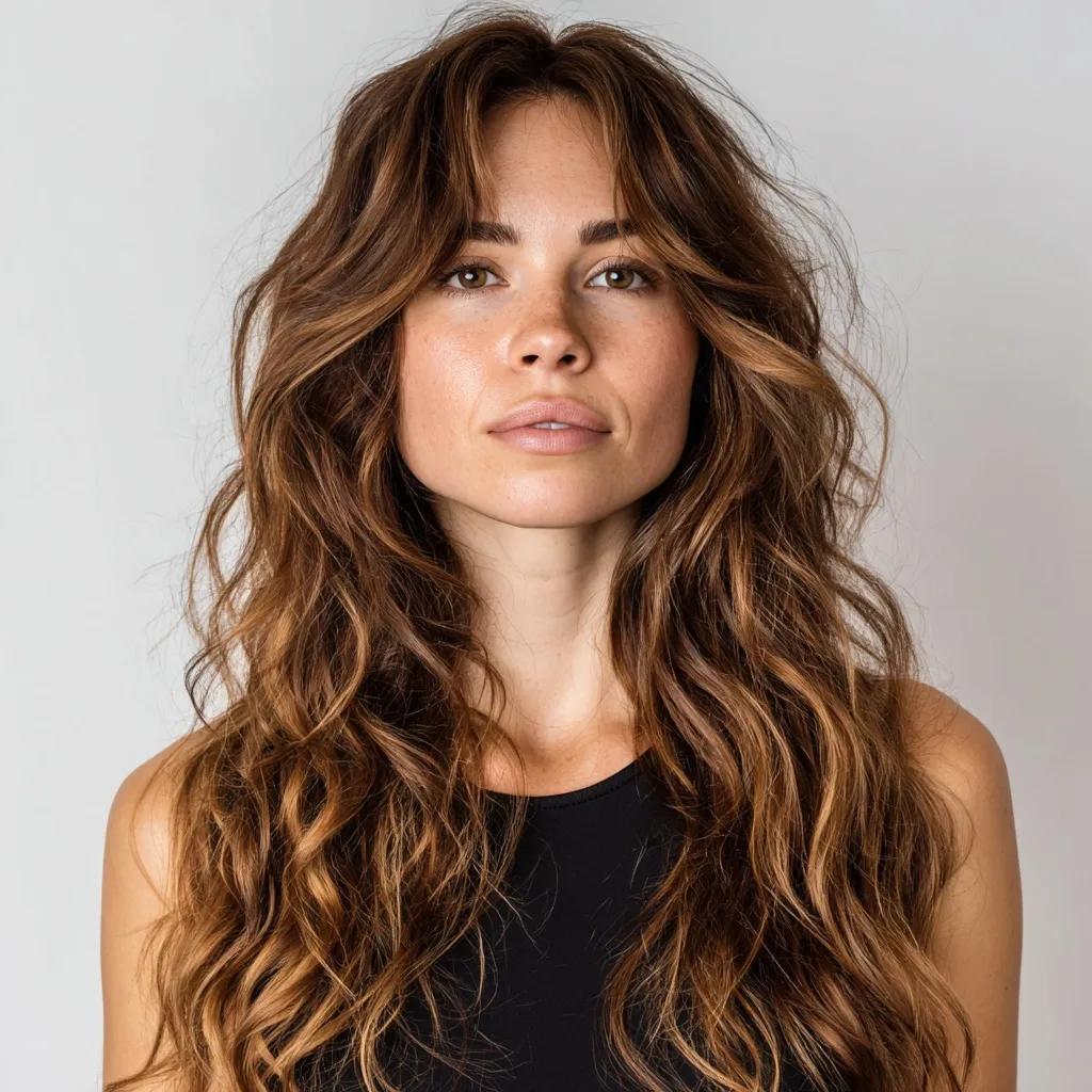A woman with long wavy chestnut brown hair featuring warm golden caramel highlights and natural layered texture.