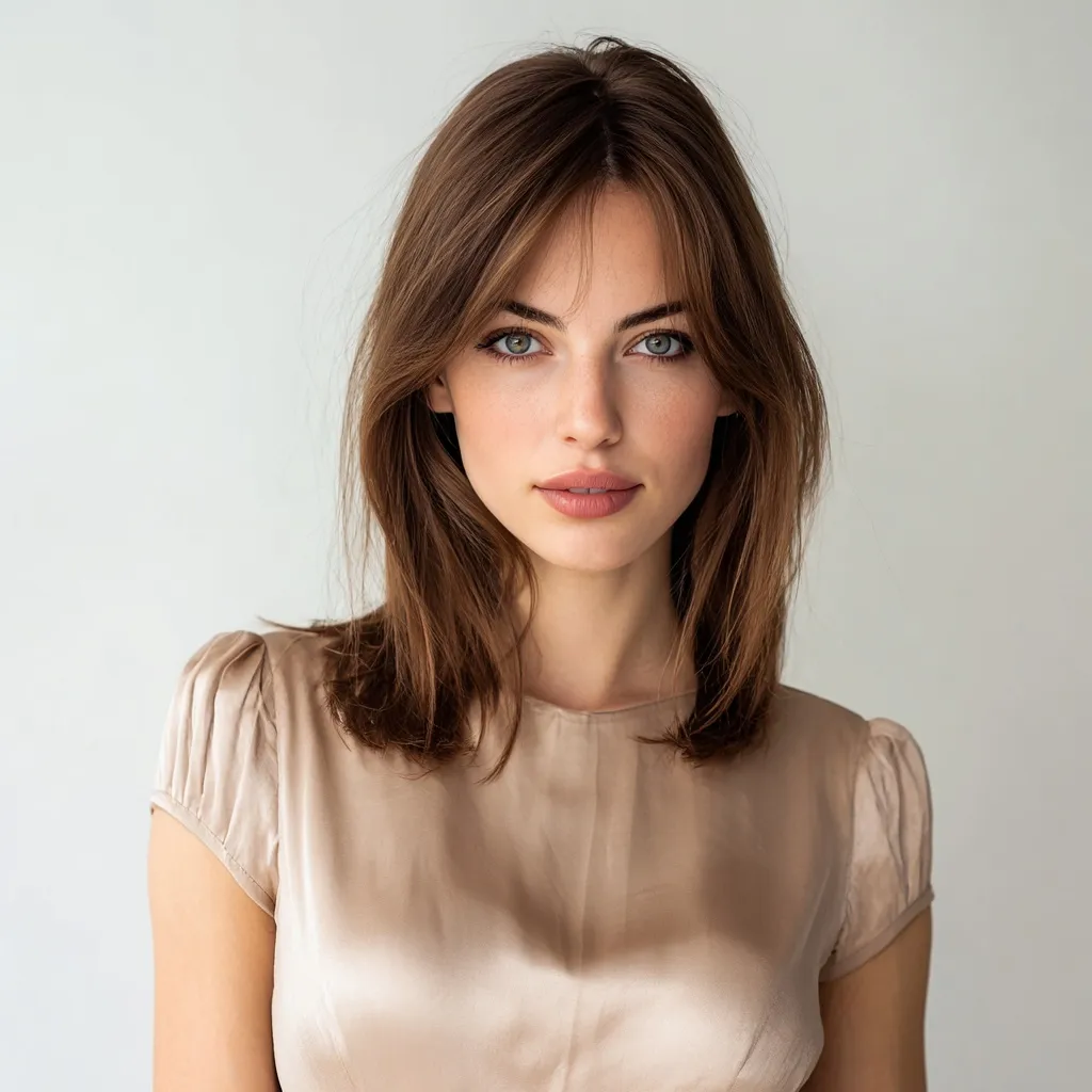 A 30-year-old woman with a brown layered shoulder-length hairstyle wearing a beige dress against a white background.