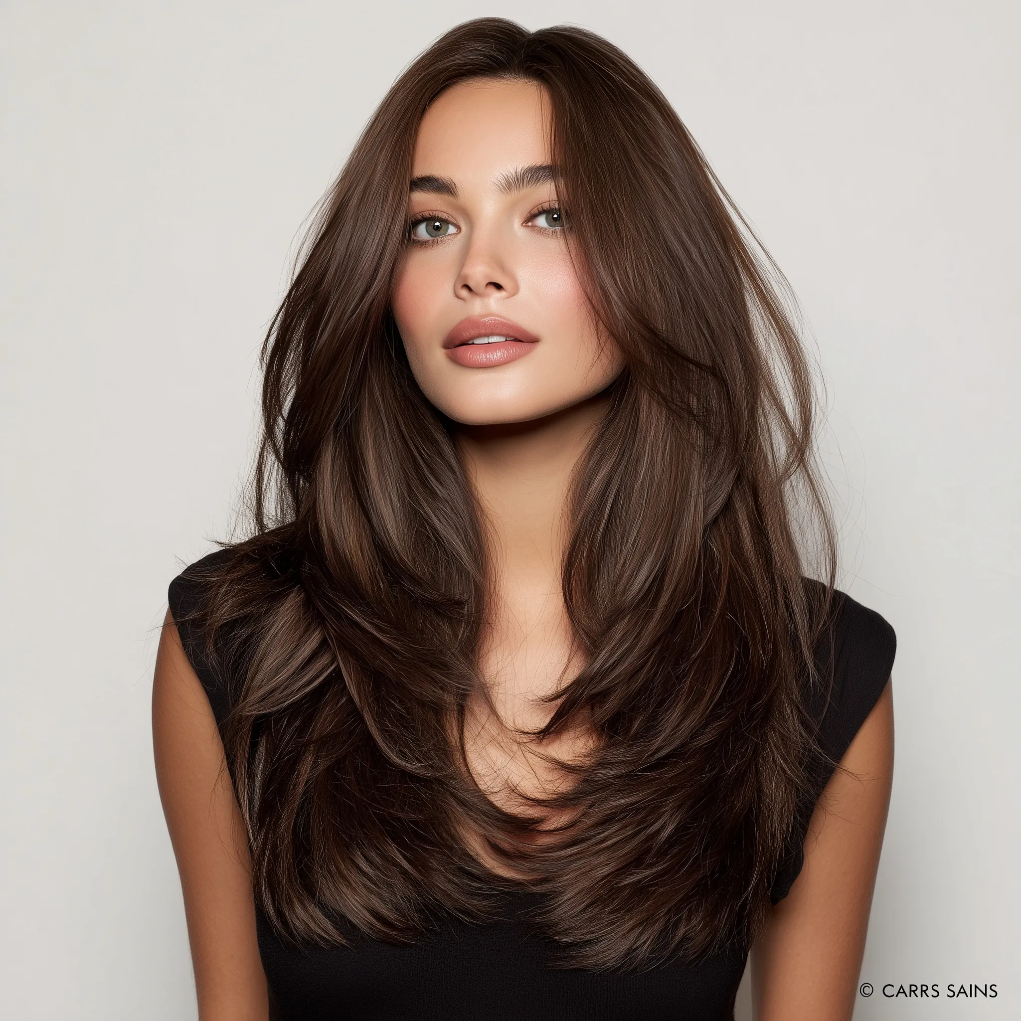 A woman with long brown hair featuring soft, voluminous layers and a bouncy, professional blowout style.
