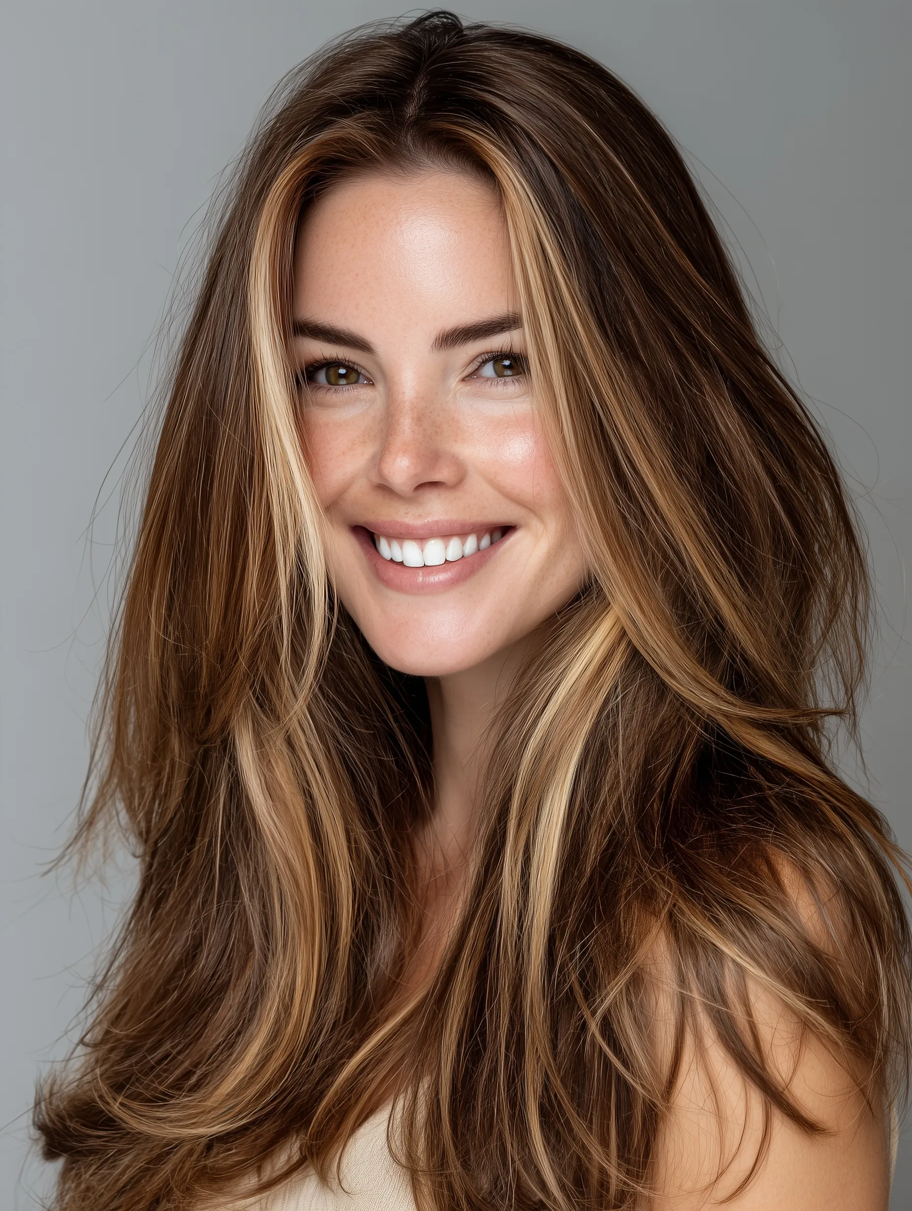 A 30-year-old woman with a full, layered brown hairstyle featuring light blonde highlights and a middle part.