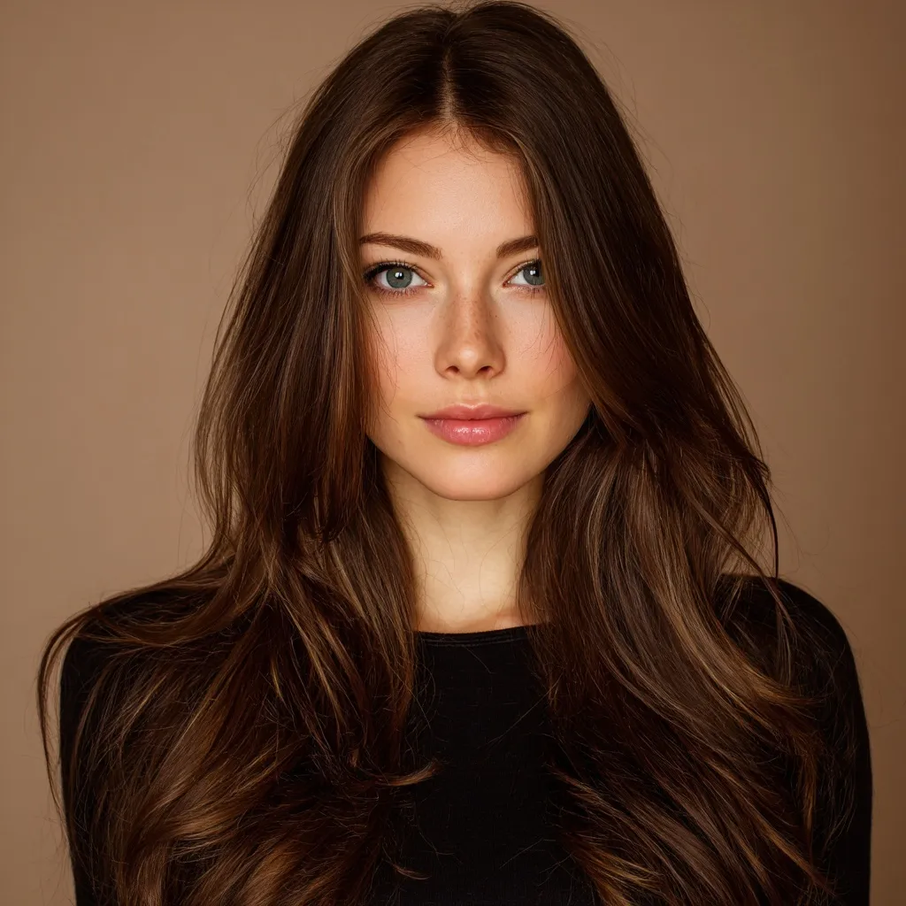 Portrait of an attractive woman with long, voluminous brown layered hair against a neutral background.