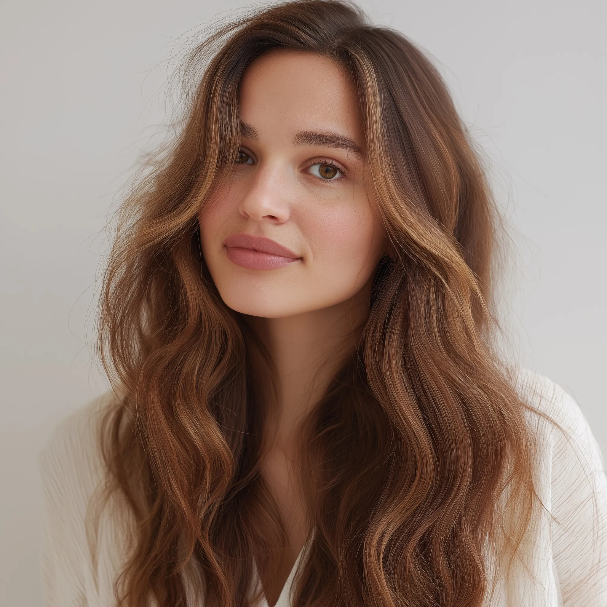 A 32-year-old woman with honey-brown layered hair, soft caramel highlights, and natural waves.