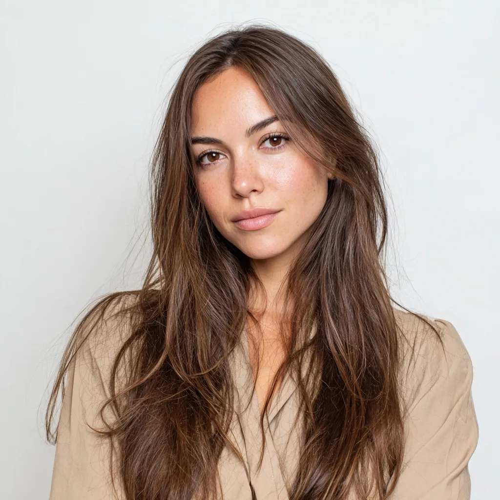 A woman with long, straight brown layered hair wearing a beige dress against a clean white background.