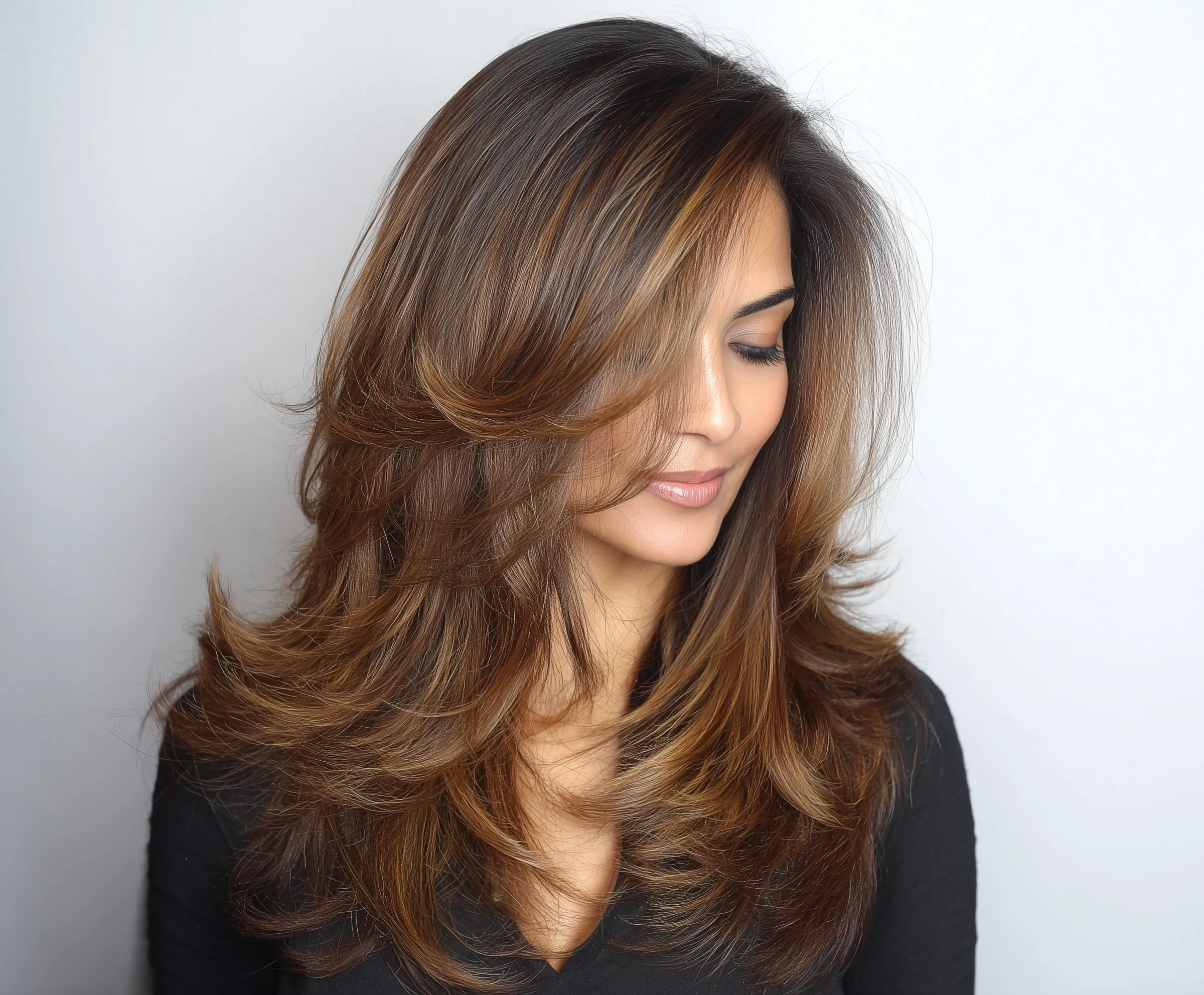 A stylish woman with a brown layered haircut featuring soft volume and textured ends.