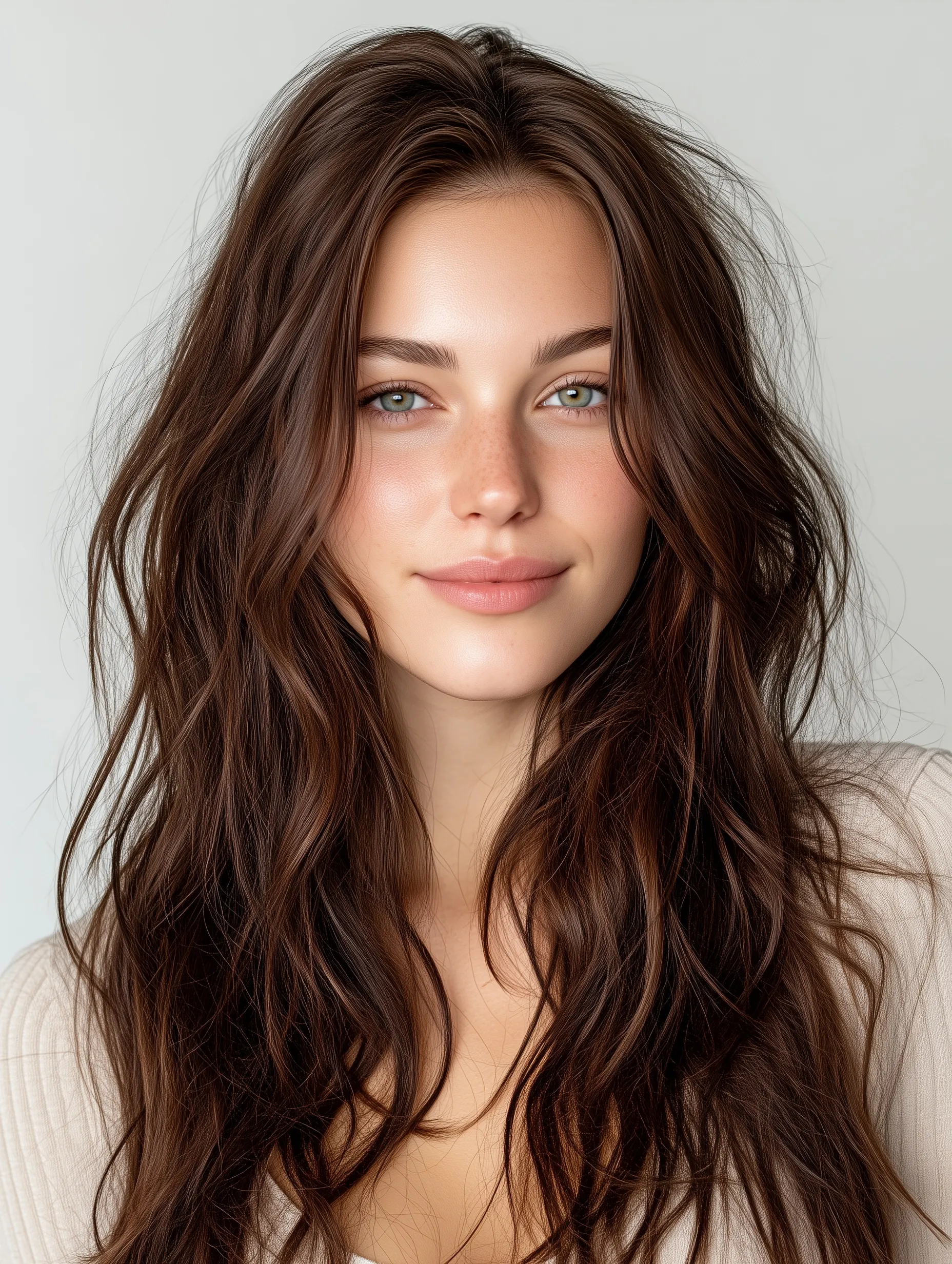 A beautiful young woman with long, layered chocolate-brown hair and warm highlights in a clean studio portrait.