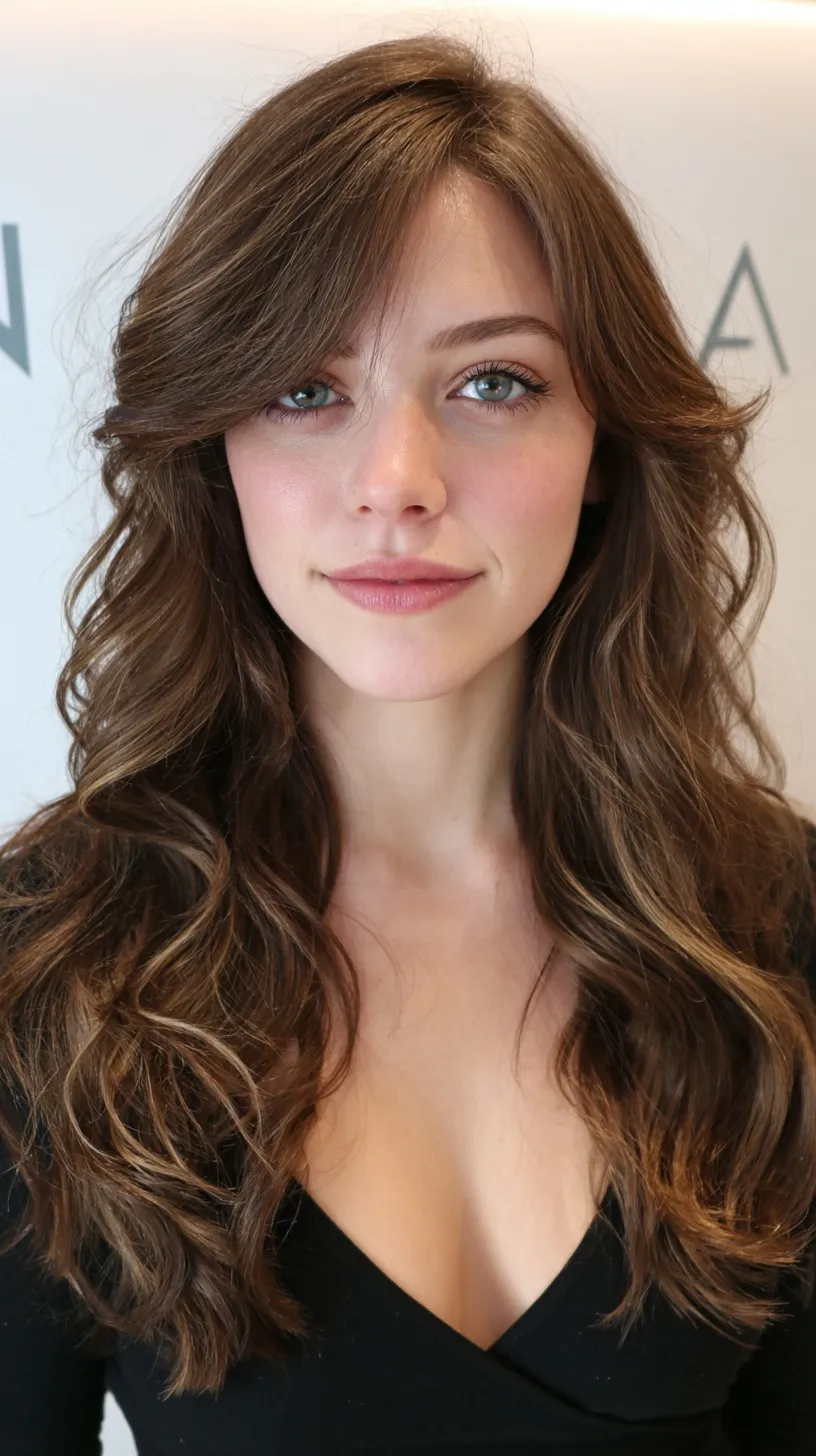 Portrait of a woman with a medium-length wavy brown layered hairstyle and soft highlights against a white background.