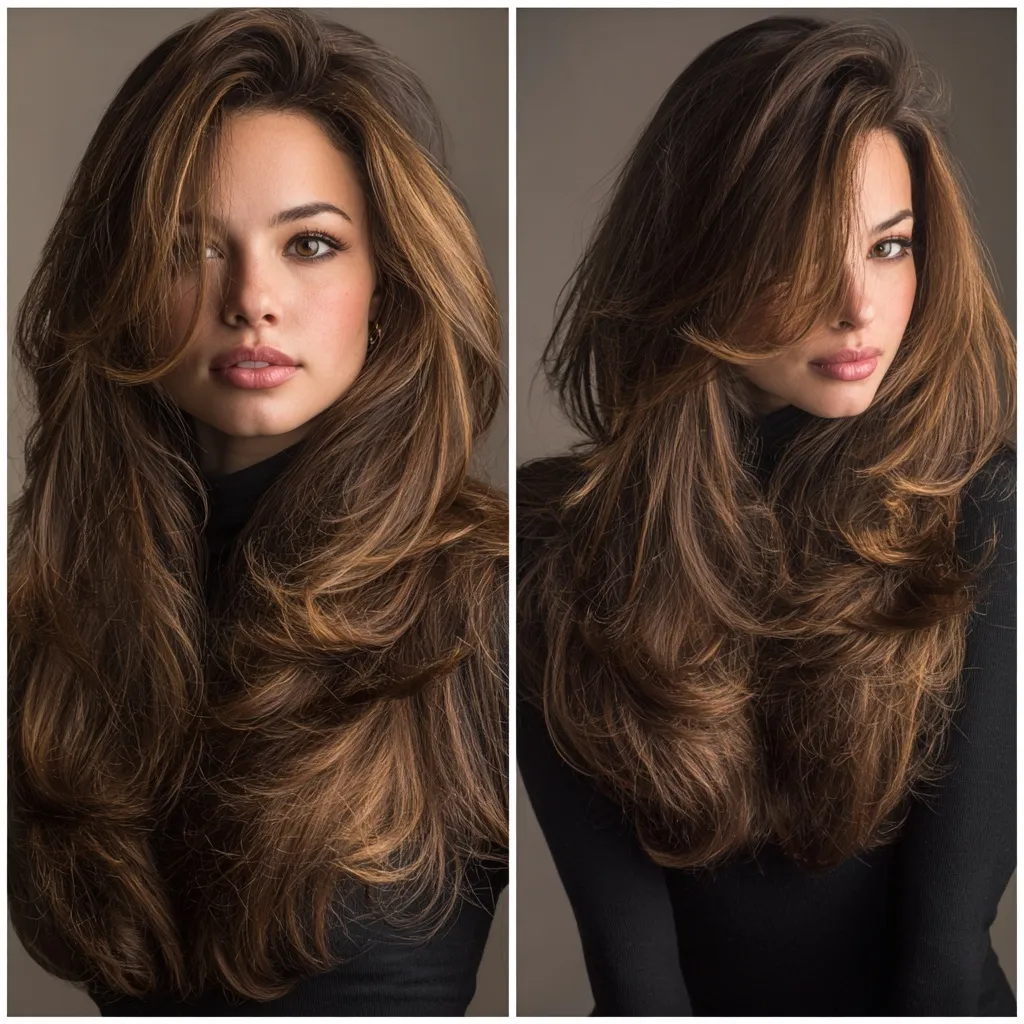 A person with long brown hair featuring voluminous butterfly layers and soft waves framing the face.