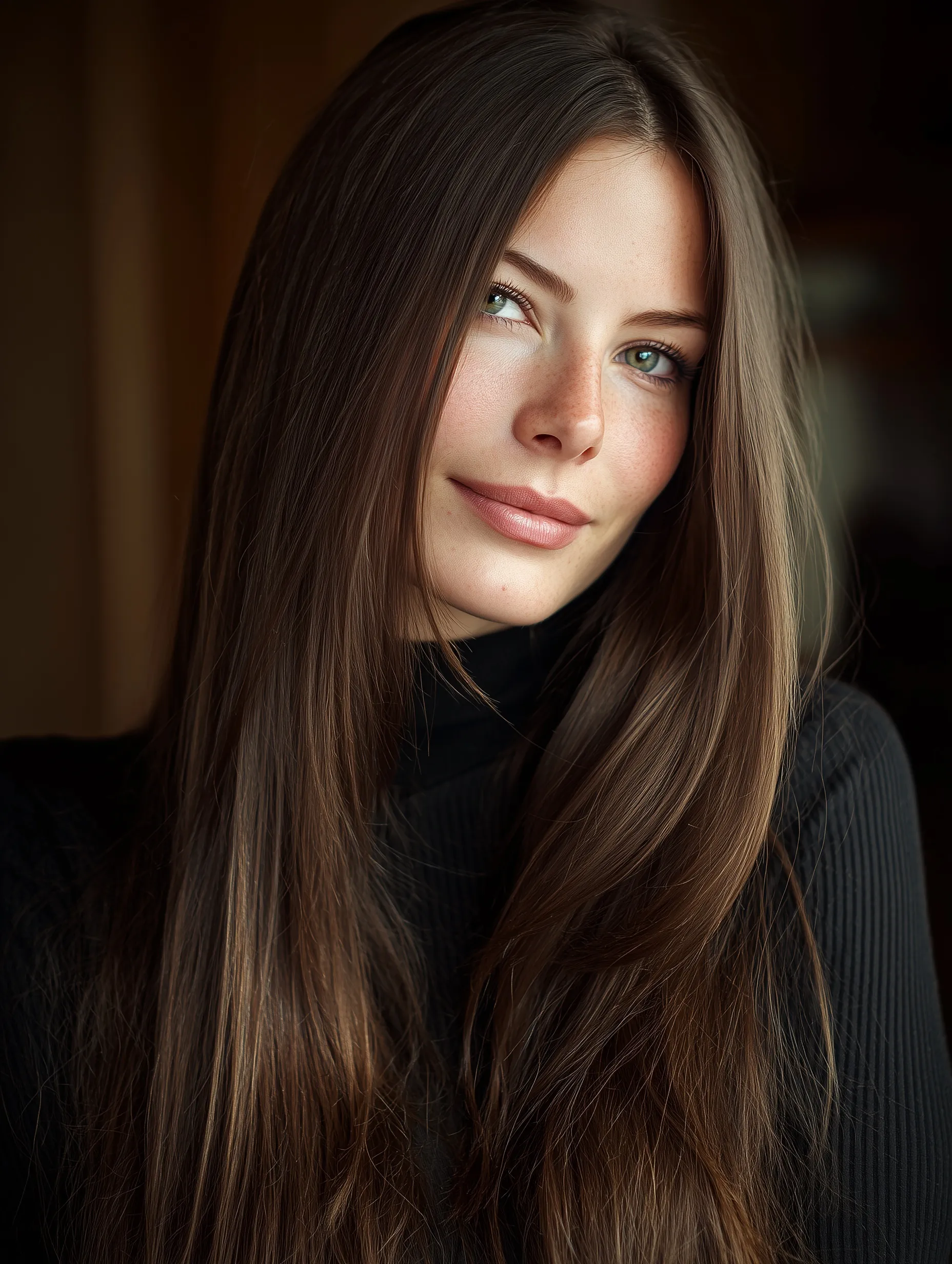 A 30-year-old woman with long, straight brown layered hair posing for a medium shot portrait at home.