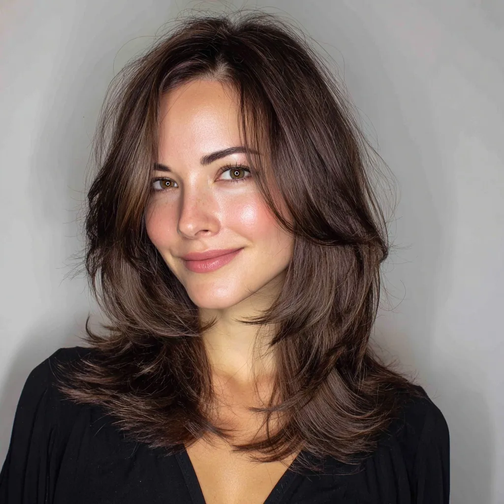 A beautiful woman in her 30s with a stylish shoulder-length brown layered hairstyle and fair complexion.
