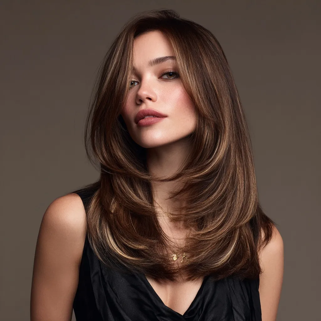 A woman with a long brown layered haircut and face-framing layers, captured in a high-end fashion editorial style.