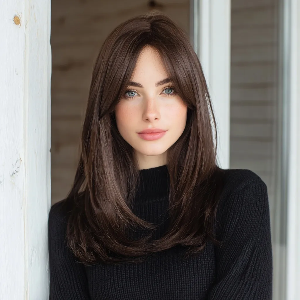 A beautiful American woman wearing a medium-length dark brown layered wig and black sweater outdoors.