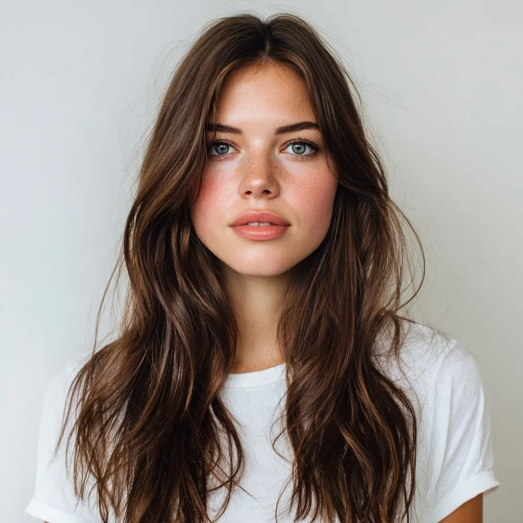 A brunette woman with long, wavy layered hair wearing a white t-shirt against a light background.