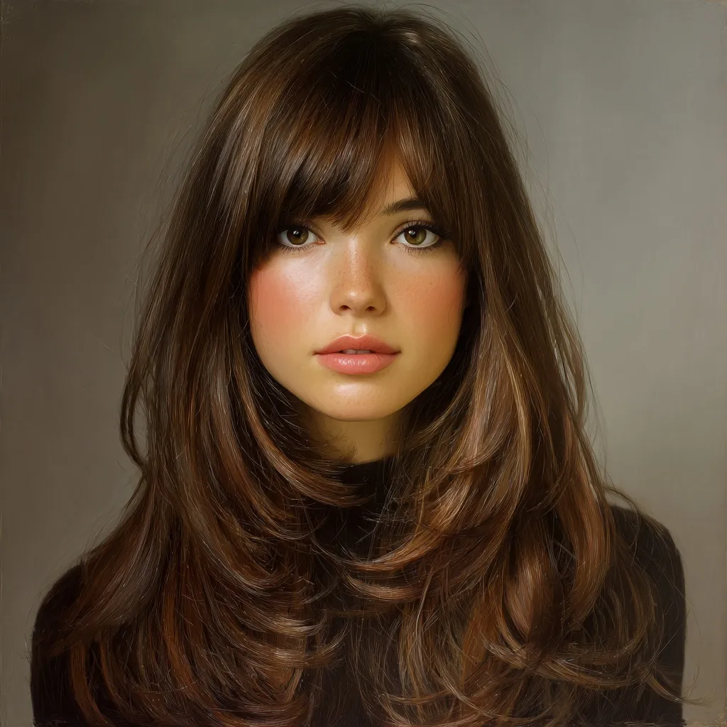 A woman with long chocolate brown layered hair, curtain bangs, and soft face-framing waves in professional lighting.