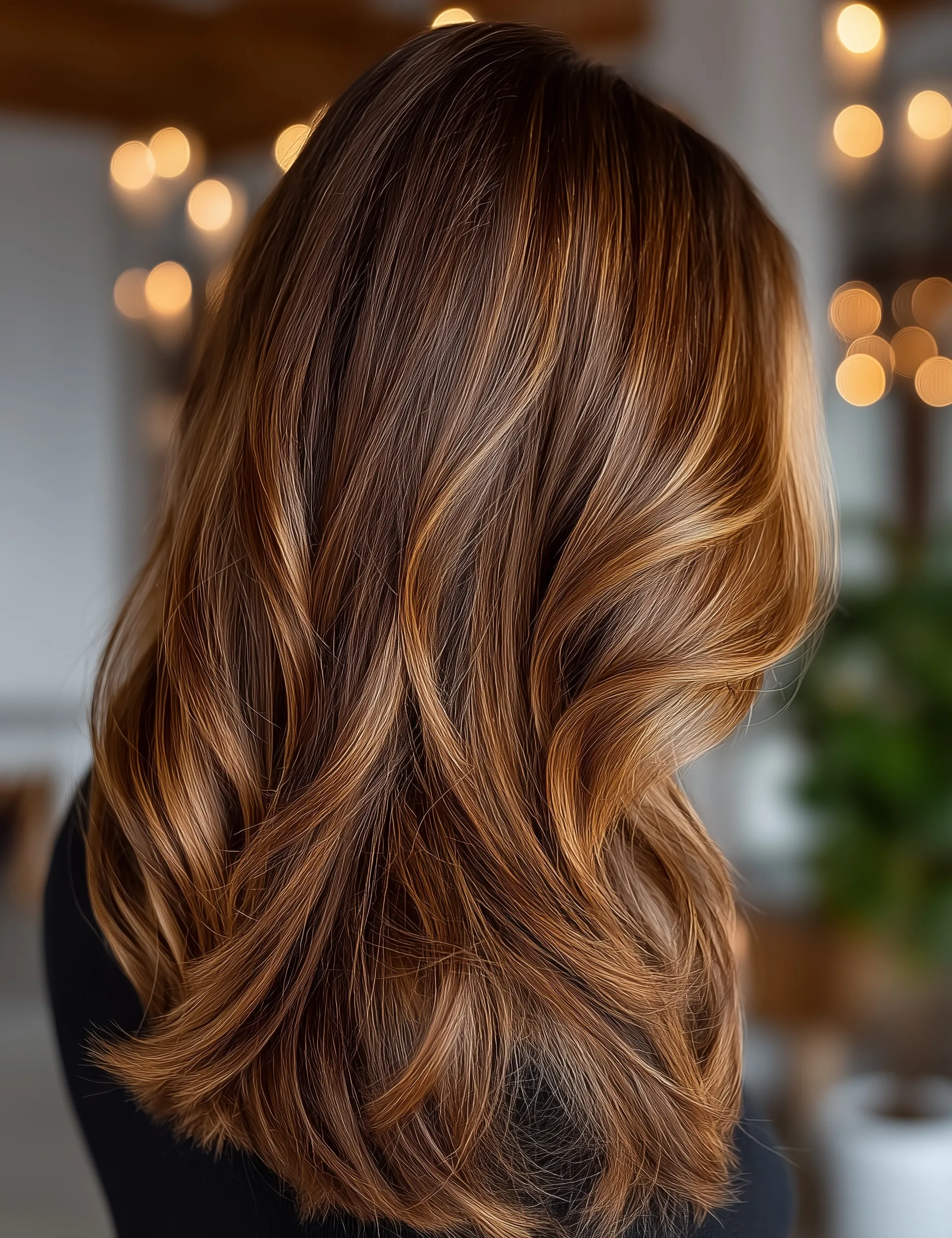 Close-up of beautiful brown balayage layered hair seen from the back, showcasing soft waves and natural color.