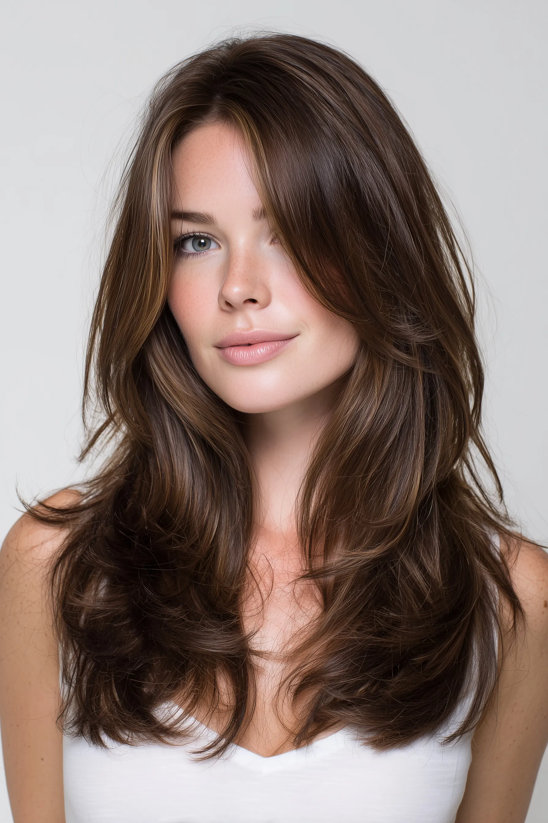 A model with shoulder-length brown layered hair and natural highlights posing against a white studio background.