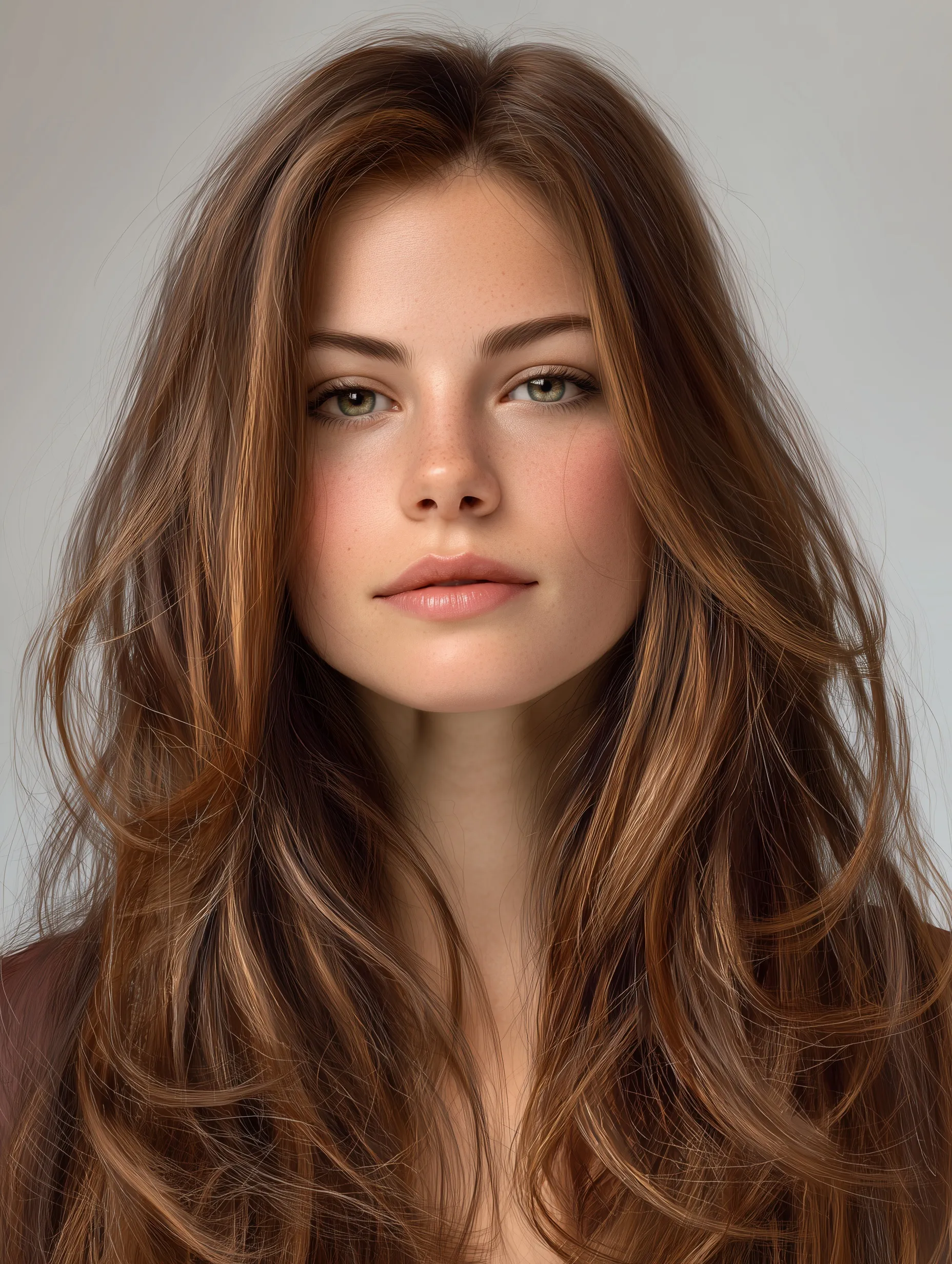 A beautiful woman in her 30s with healthy, voluminous brown layered hair, captured in a realistic front-facing shot.