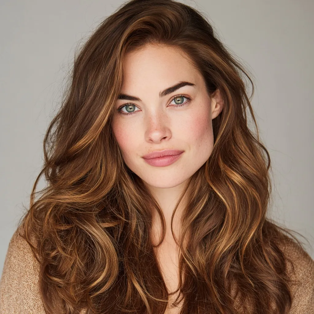 A 25-year-old woman with long, voluminous honey brown layered hair in soft waves and striking ice-green eyes.